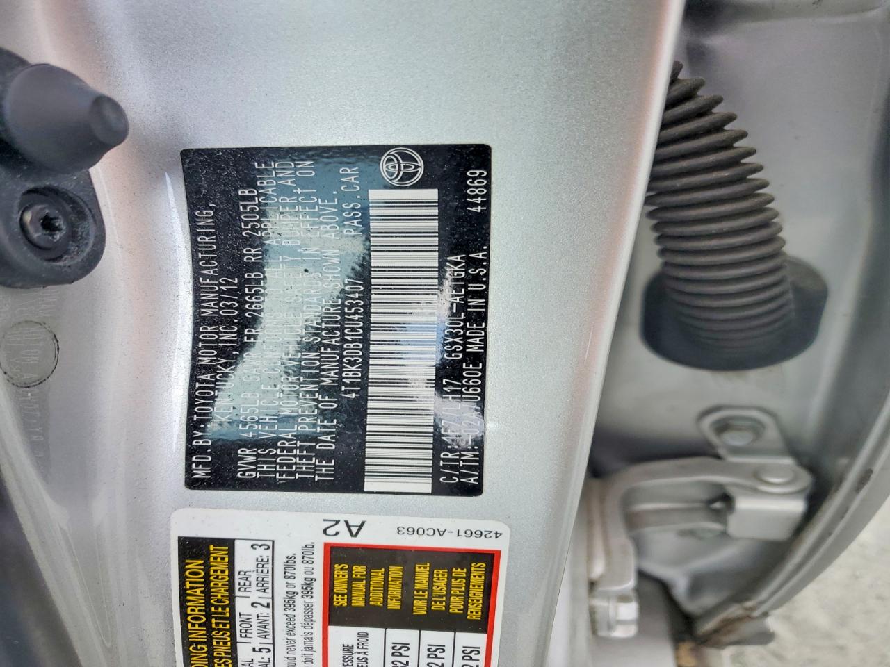 2012 Toyota Avalon Base Silver vin: 4T1BK3DB1CU453407