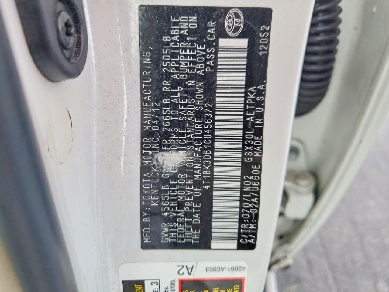 2012 Toyota Avalon Limited White vin: 4T1BK3DB1CU456372