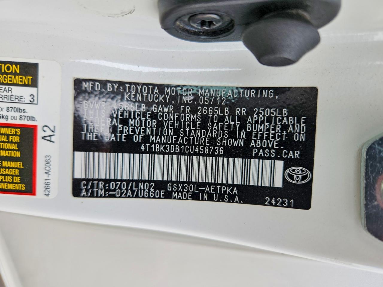 2012 Toyota Avalon Limited White vin: 4T1BK3DB1CU458736