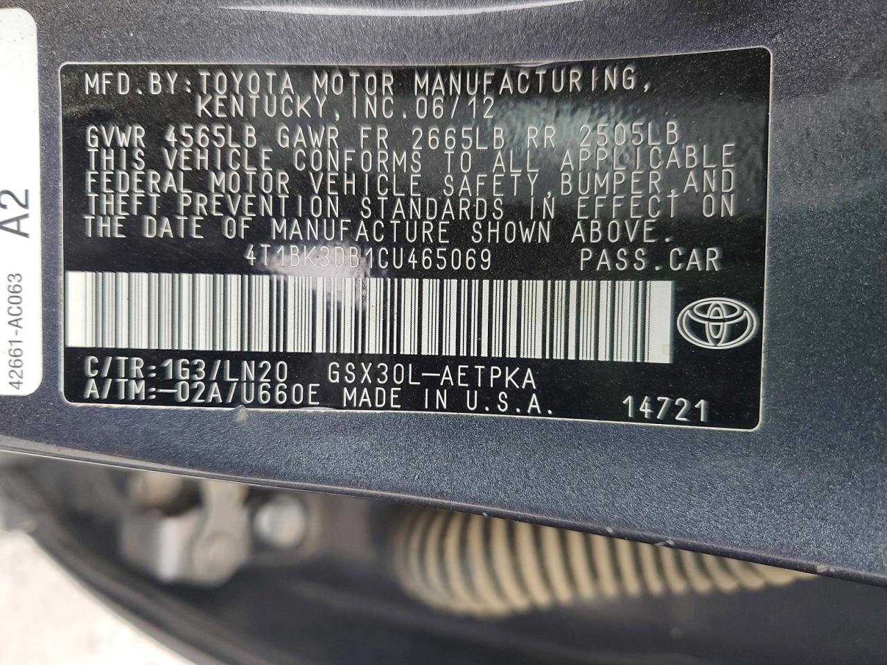 2012 Toyota Avalon Limited Gray vin: 4T1BK3DB1CU465069