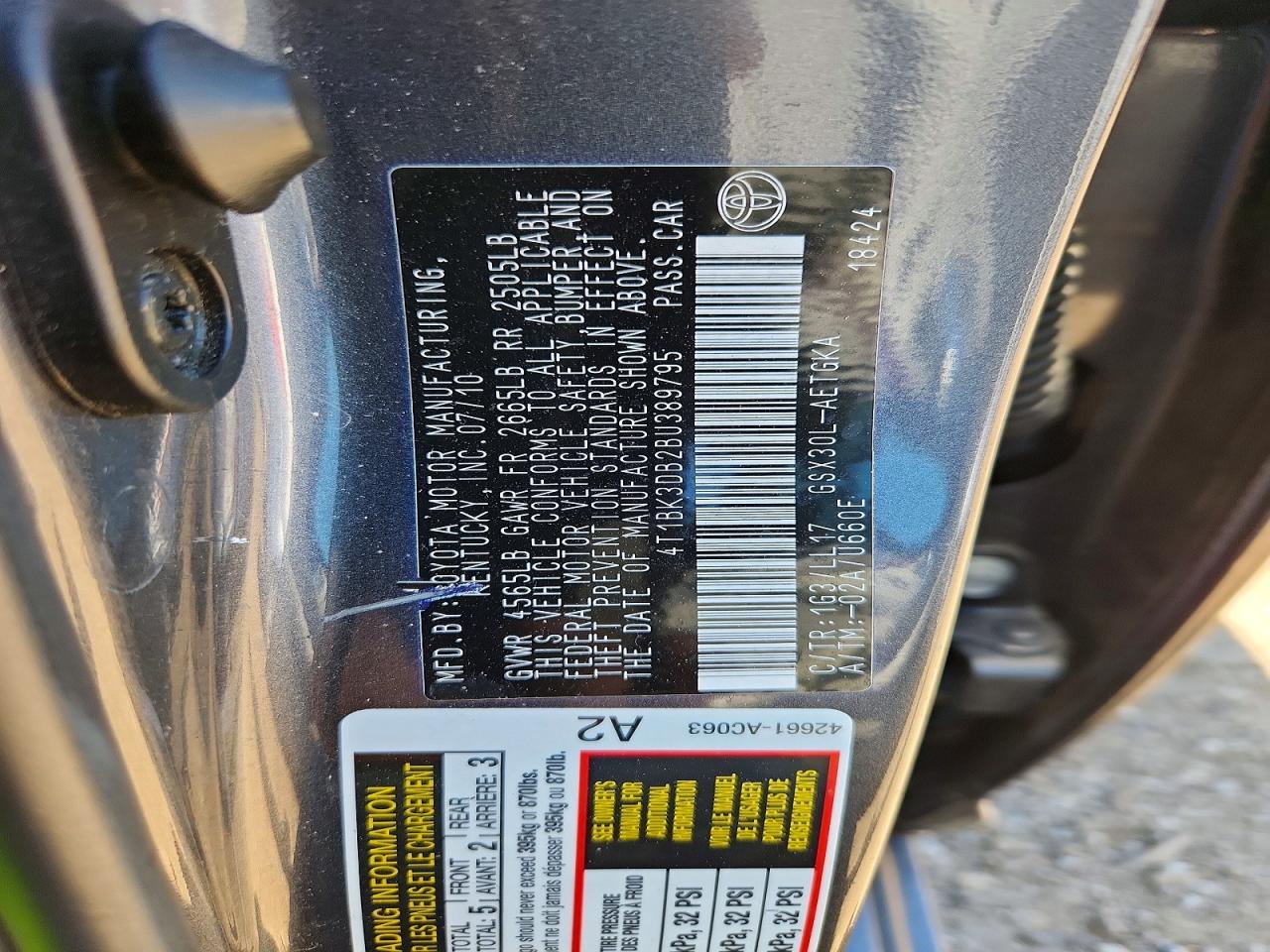 2011 Toyota Avalon Base Gray vin: 4T1BK3DB2BU389795