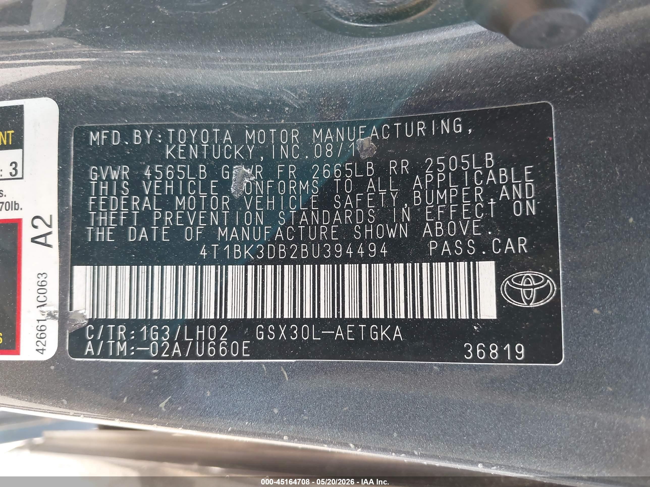 2011 Toyota Avalon   Gray vin: 4T1BK3DB2BU394494