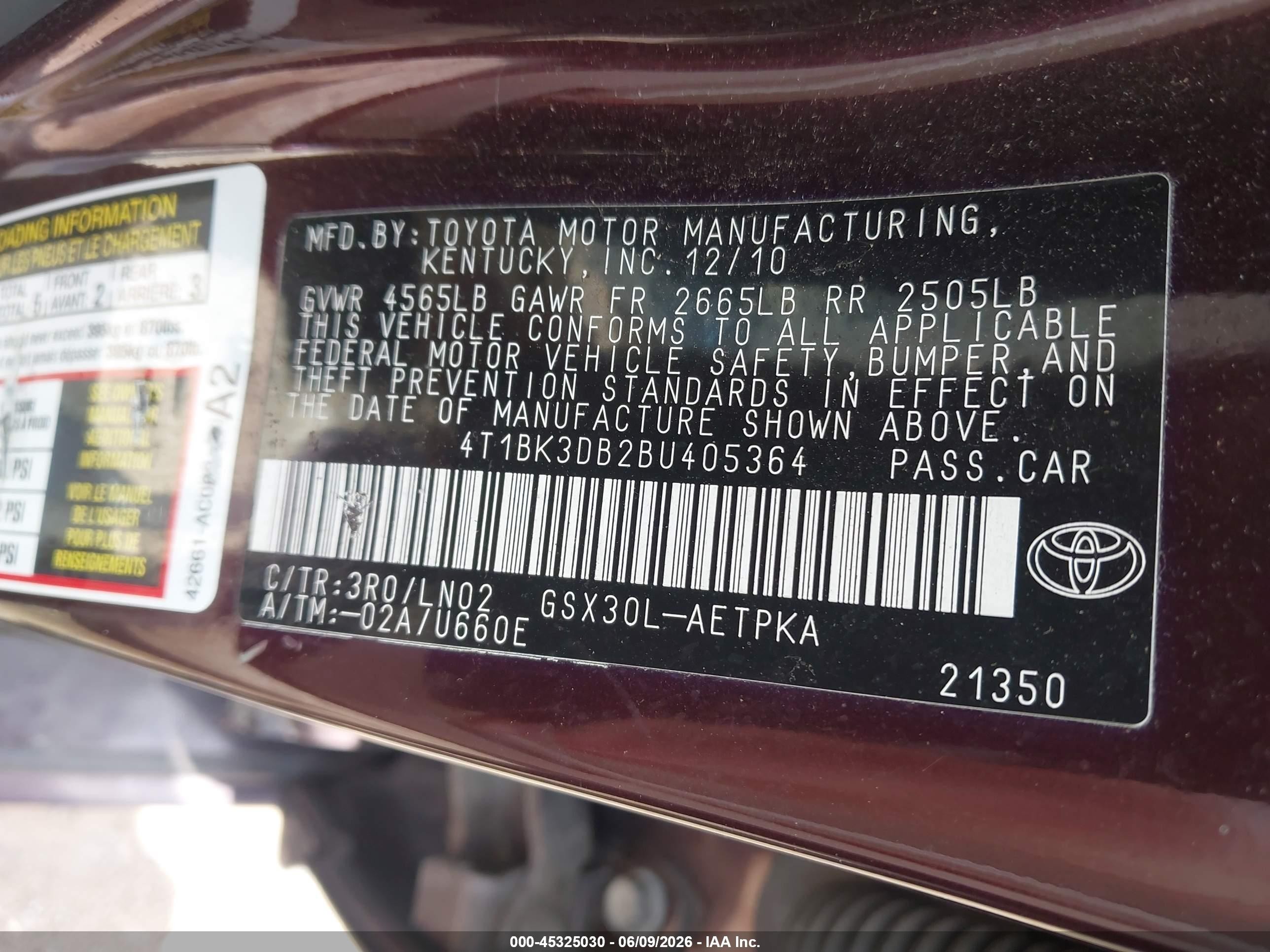 2011 Toyota Avalon Limited Burgundy vin: 4T1BK3DB2BU405364