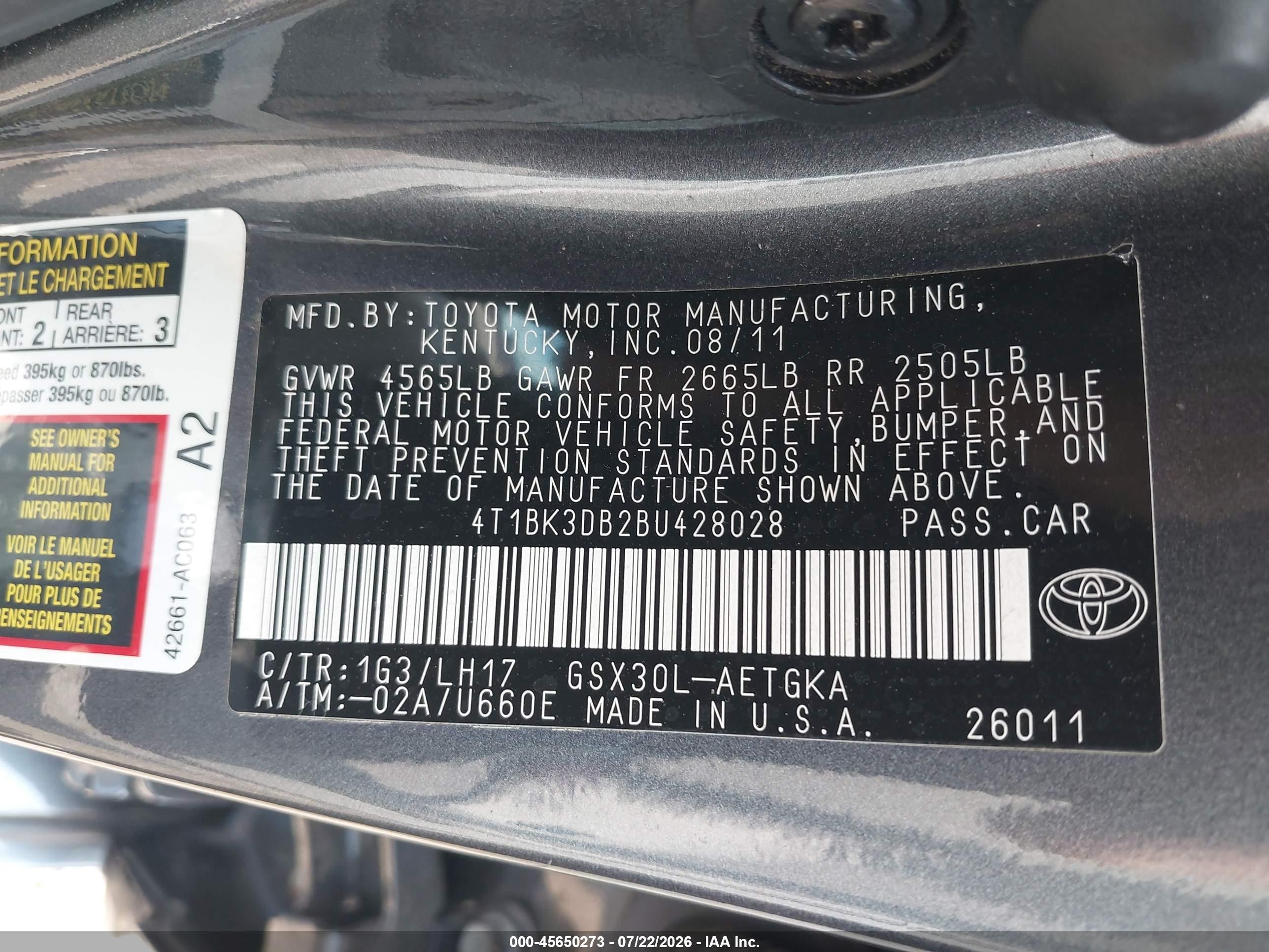 2011 Toyota Avalon   Gray vin: 4T1BK3DB2BU428028