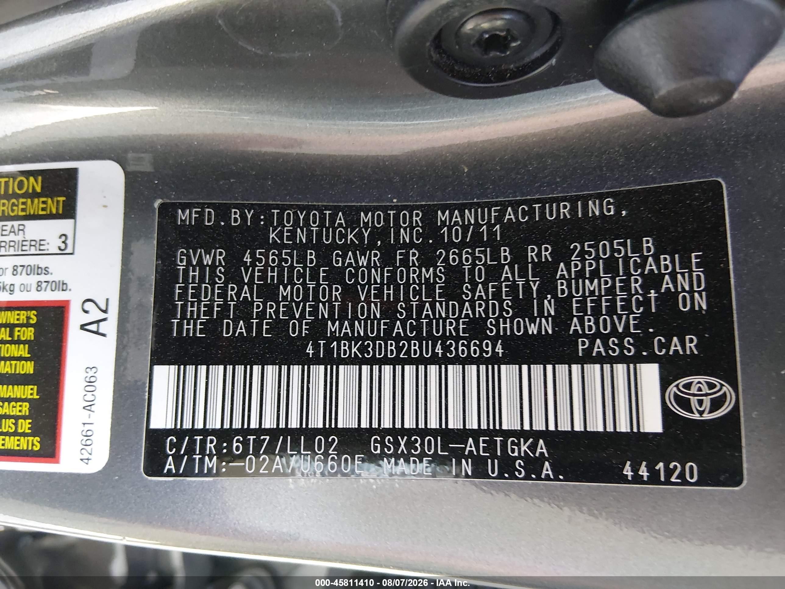 2011 Toyota Avalon Gray vin: 4T1BK3DB2BU436694