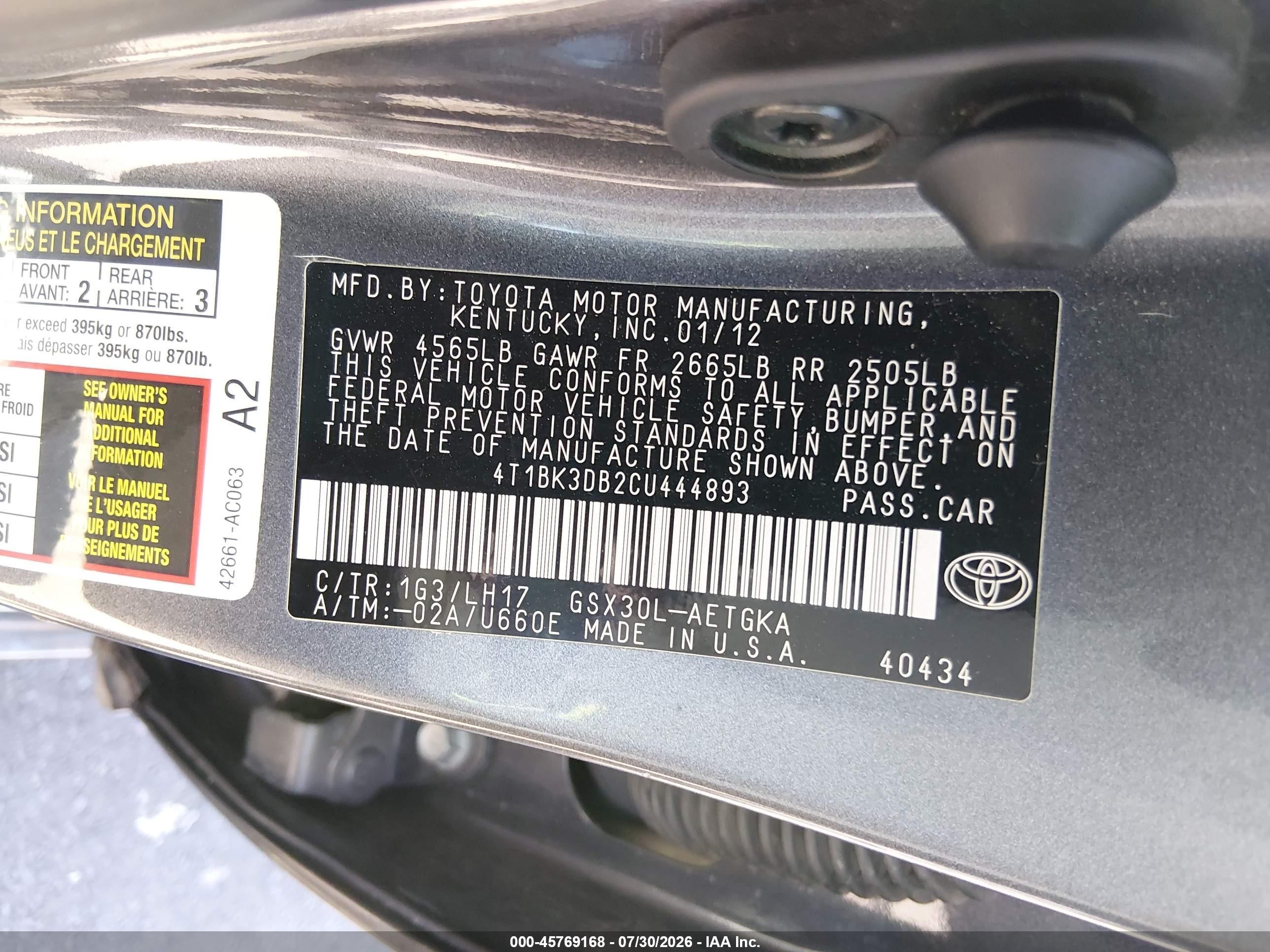 2012 Toyota Avalon   Gray vin: 4T1BK3DB2CU444893