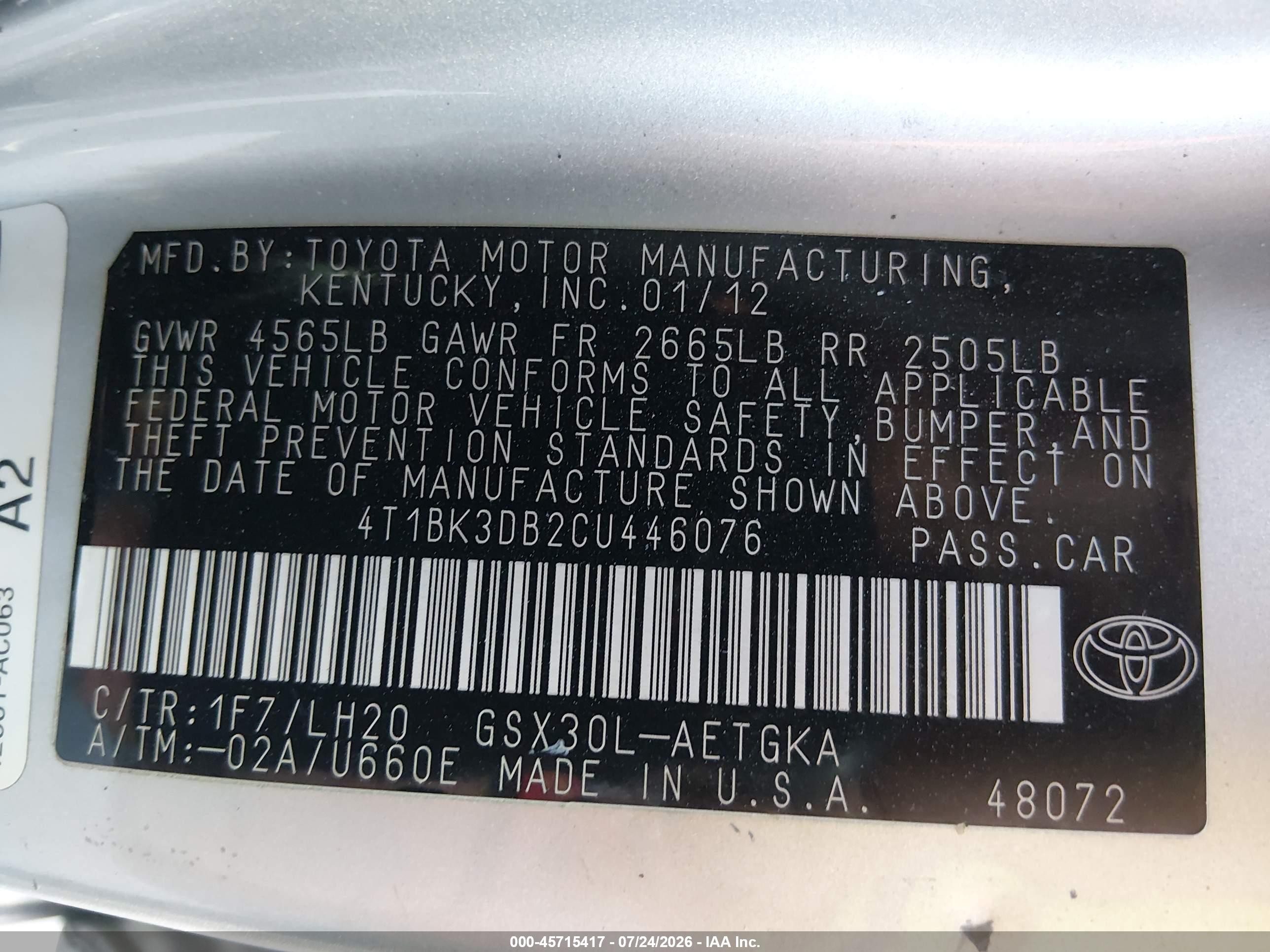 2012 Toyota Avalon Серебряный vin: 4T1BK3DB2CU446076