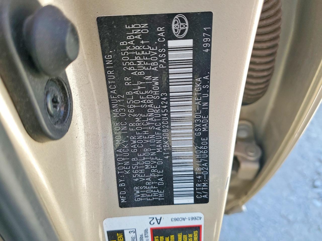 2012 Toyota Avalon Base Gold vin: 4T1BK3DB2CU454243