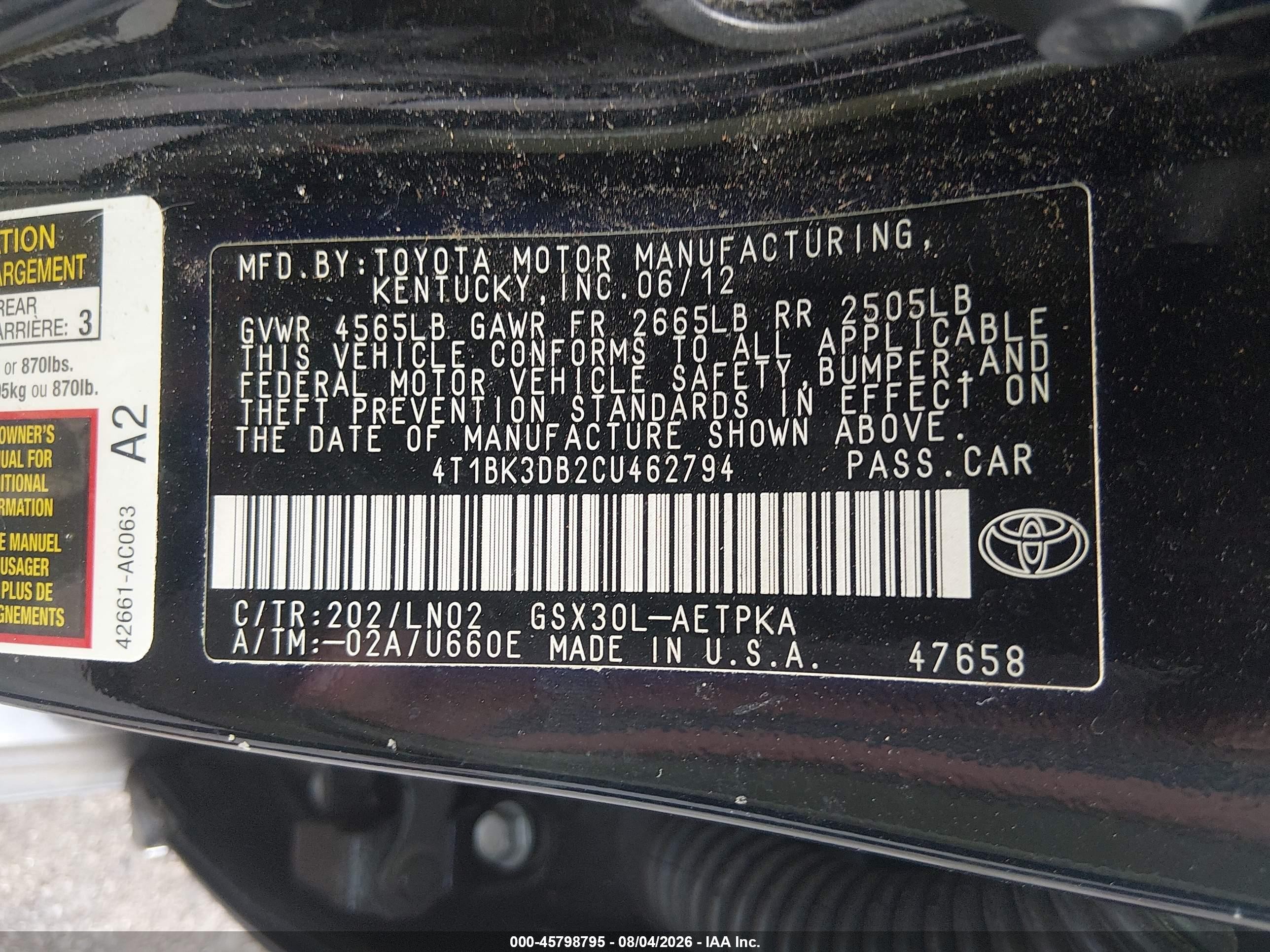 2012 Toyota Avalon Limited Black vin: 4T1BK3DB2CU462794