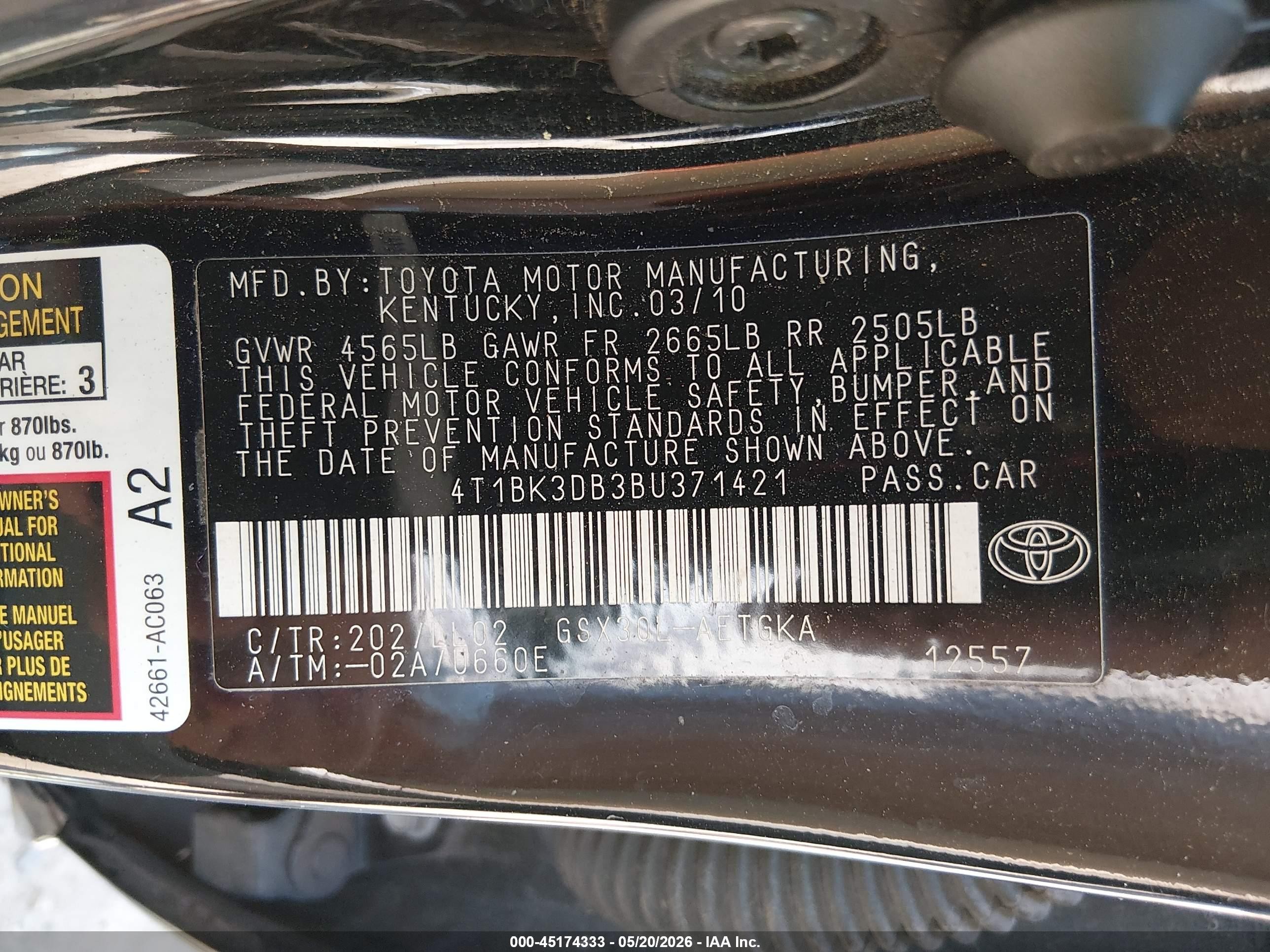 2011 Toyota Avalon   Black vin: 4T1BK3DB3BU371421