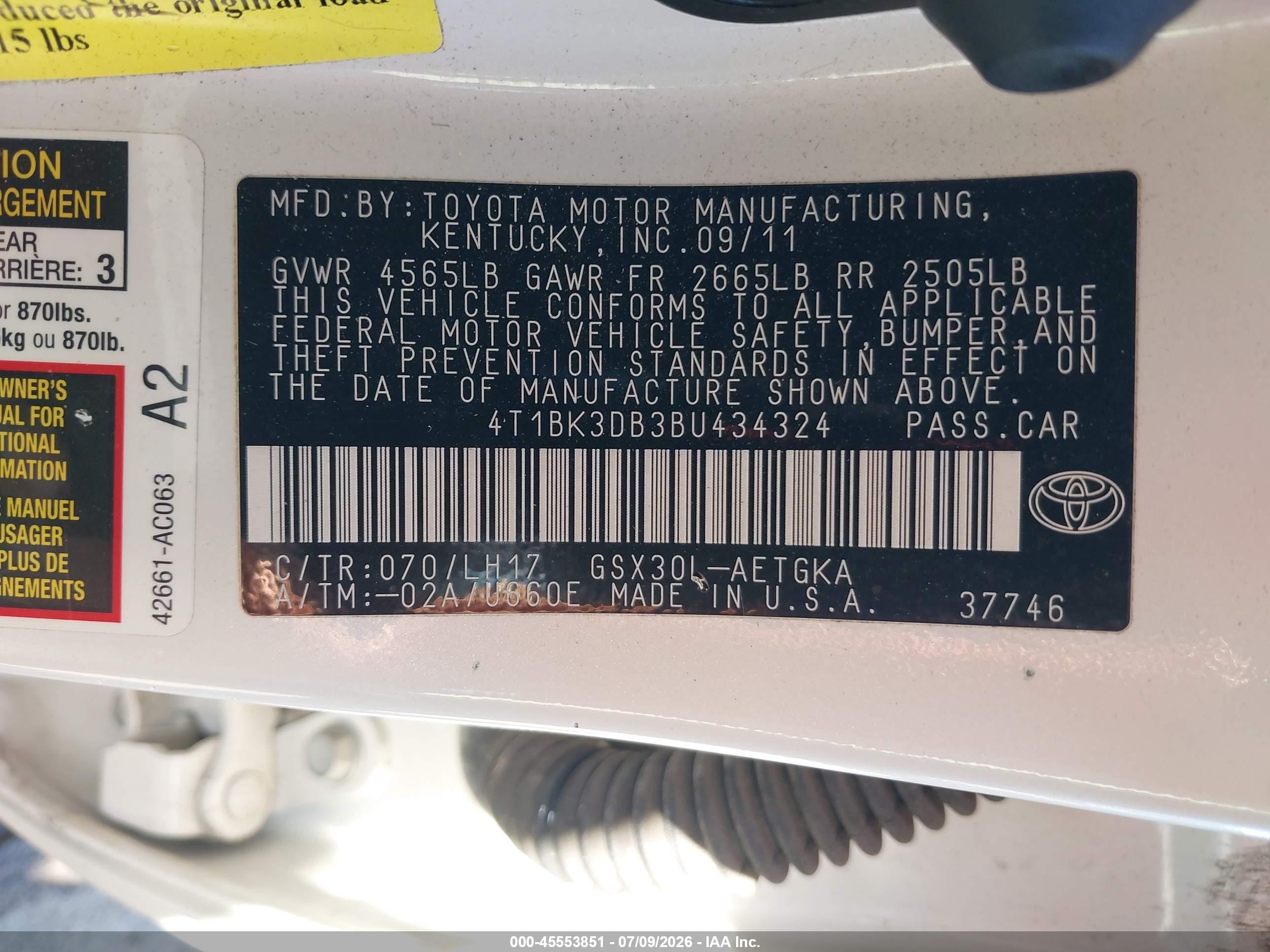 2011 Toyota Avalon   White vin: 4T1BK3DB3BU434324