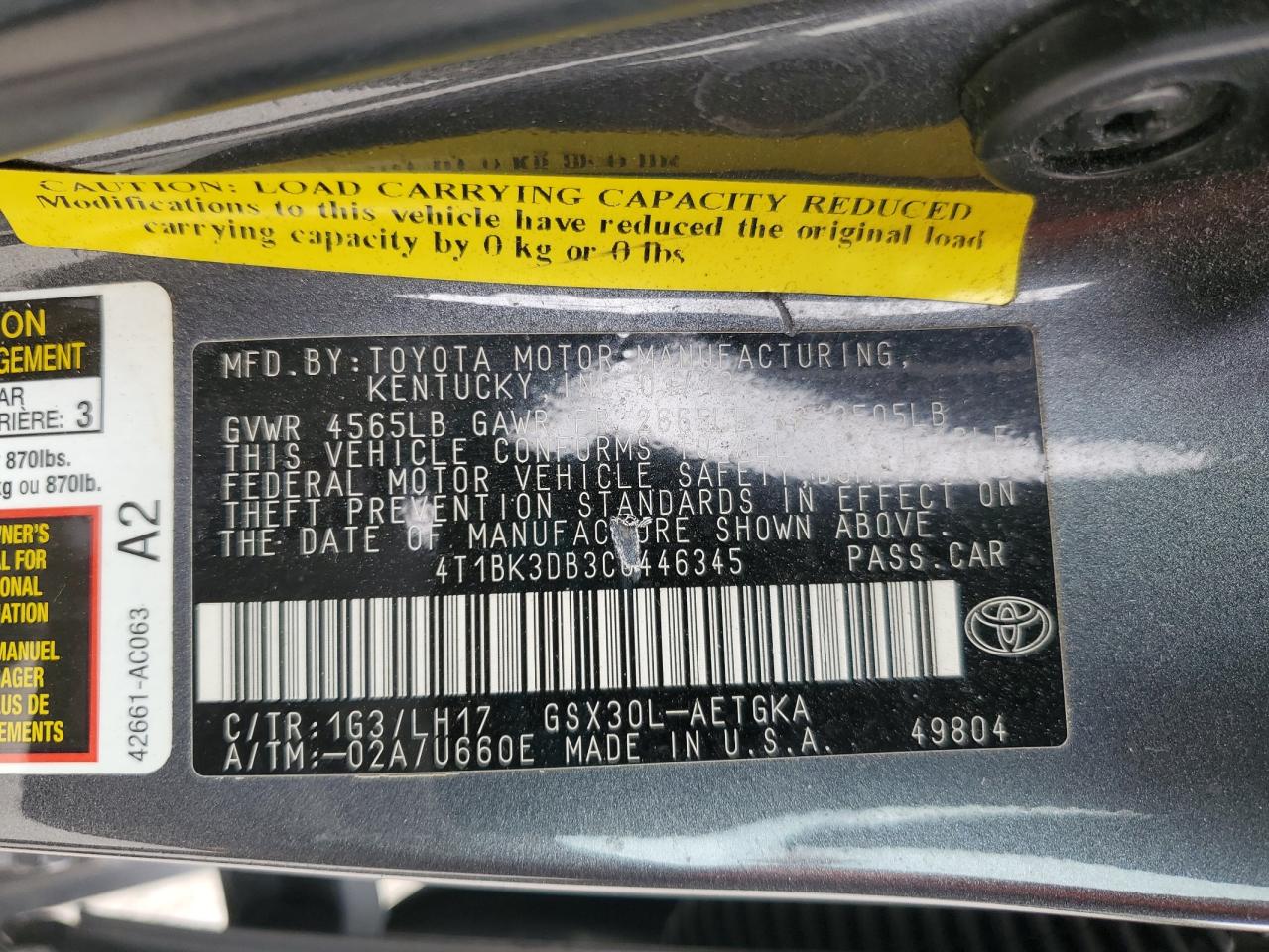 2012 Toyota Avalon Base Gray vin: 4T1BK3DB3CU446345