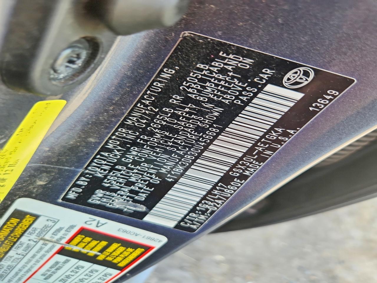 2012 Toyota Avalon Base Gray vin: 4T1BK3DB3CU456681