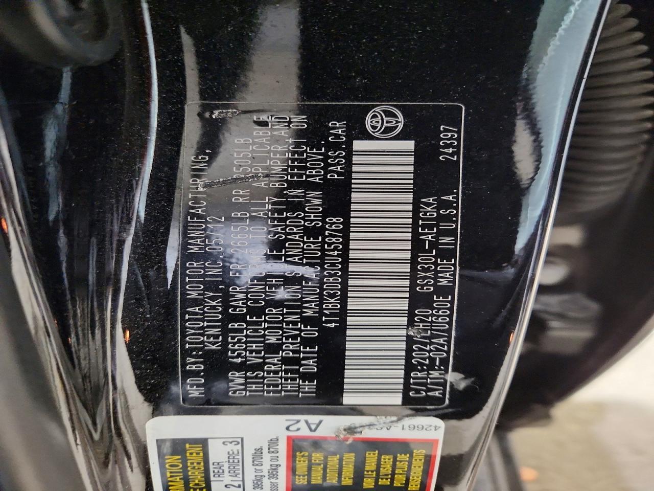 2012 Toyota Avalon Base Black vin: 4T1BK3DB3CU458768