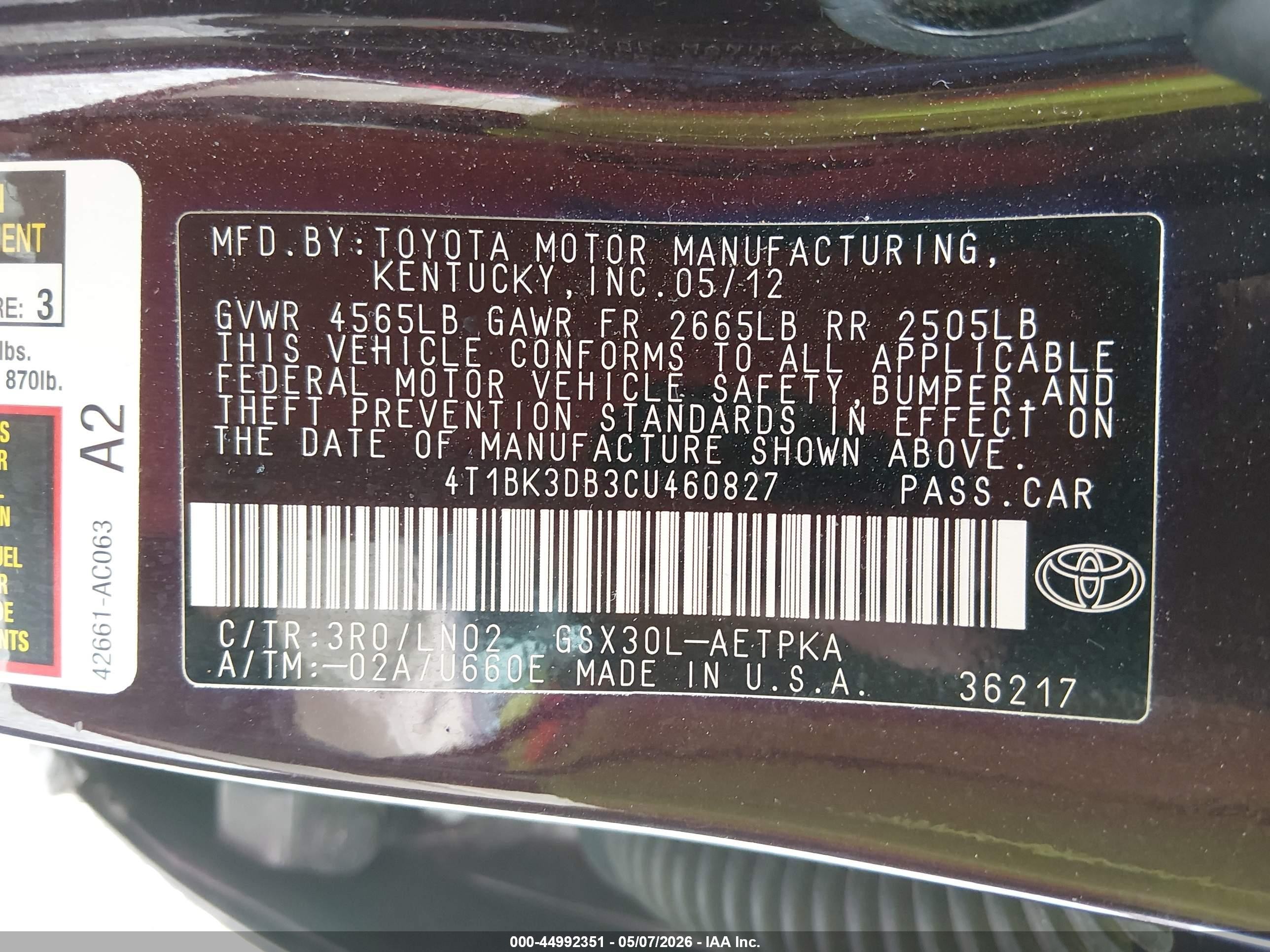 2012 Toyota Avalon Limited Бордовый vin: 4T1BK3DB3CU460827
