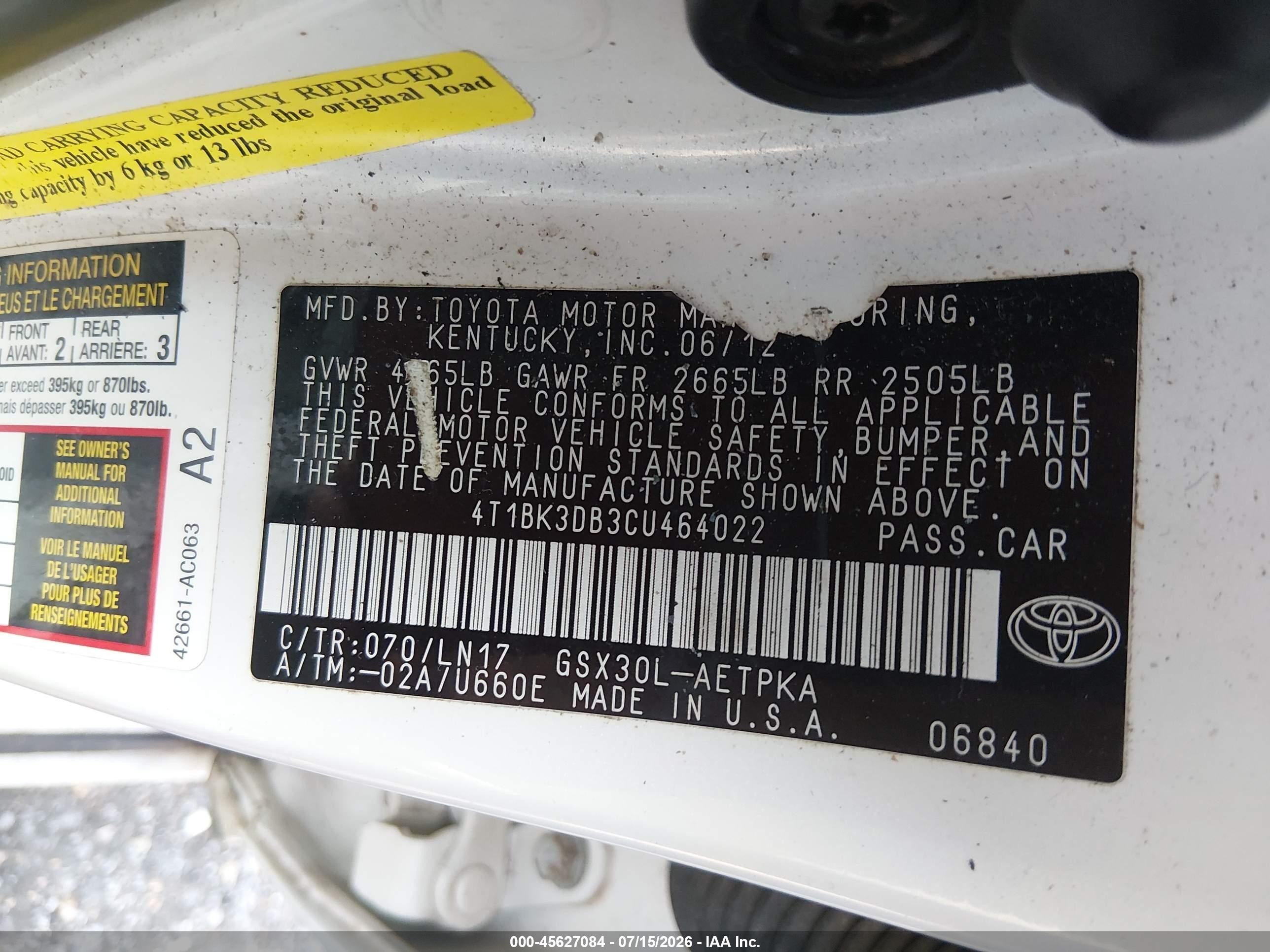 2012 Toyota Avalon Limited White vin: 4T1BK3DB3CU464022