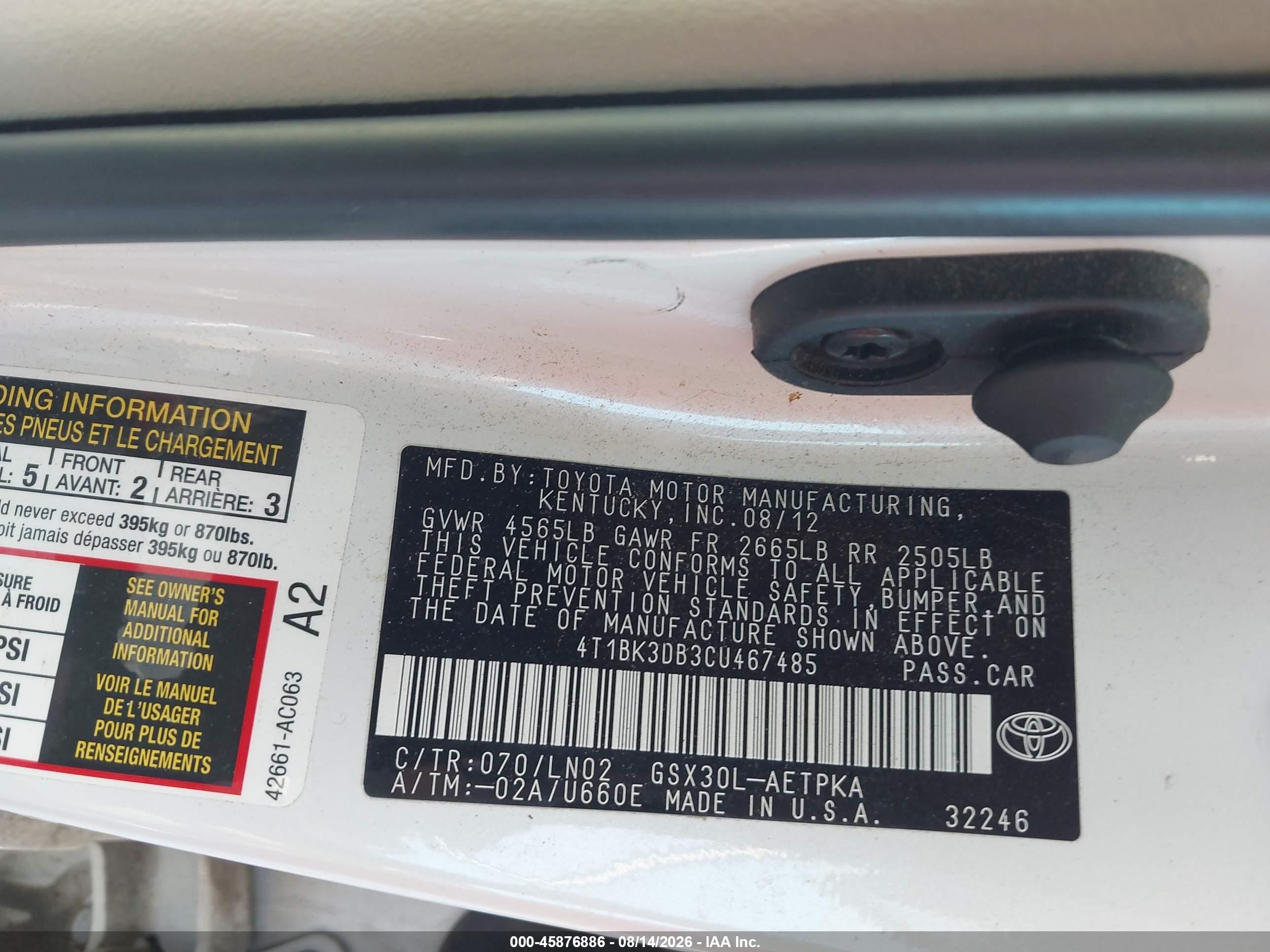2012 Toyota Avalon Limited White vin: 4T1BK3DB3CU467485