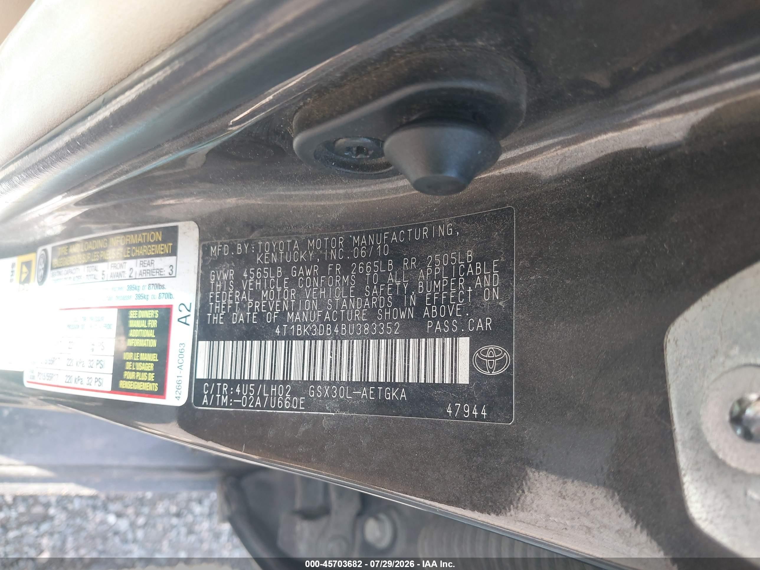 2011 Toyota Avalon   Gray vin: 4T1BK3DB4BU383352