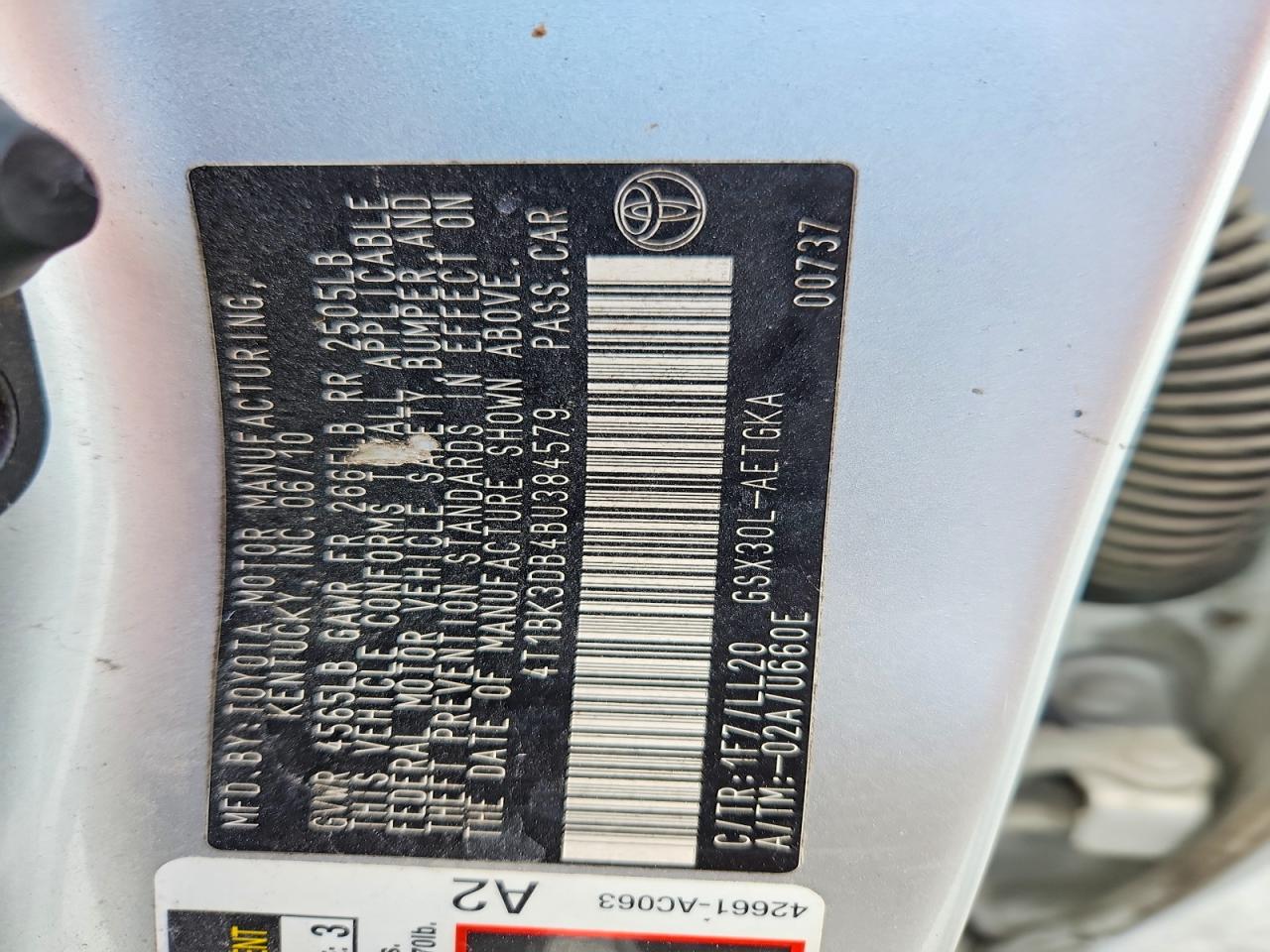 2011 Toyota Avalon Base Silver vin: 4T1BK3DB4BU384579