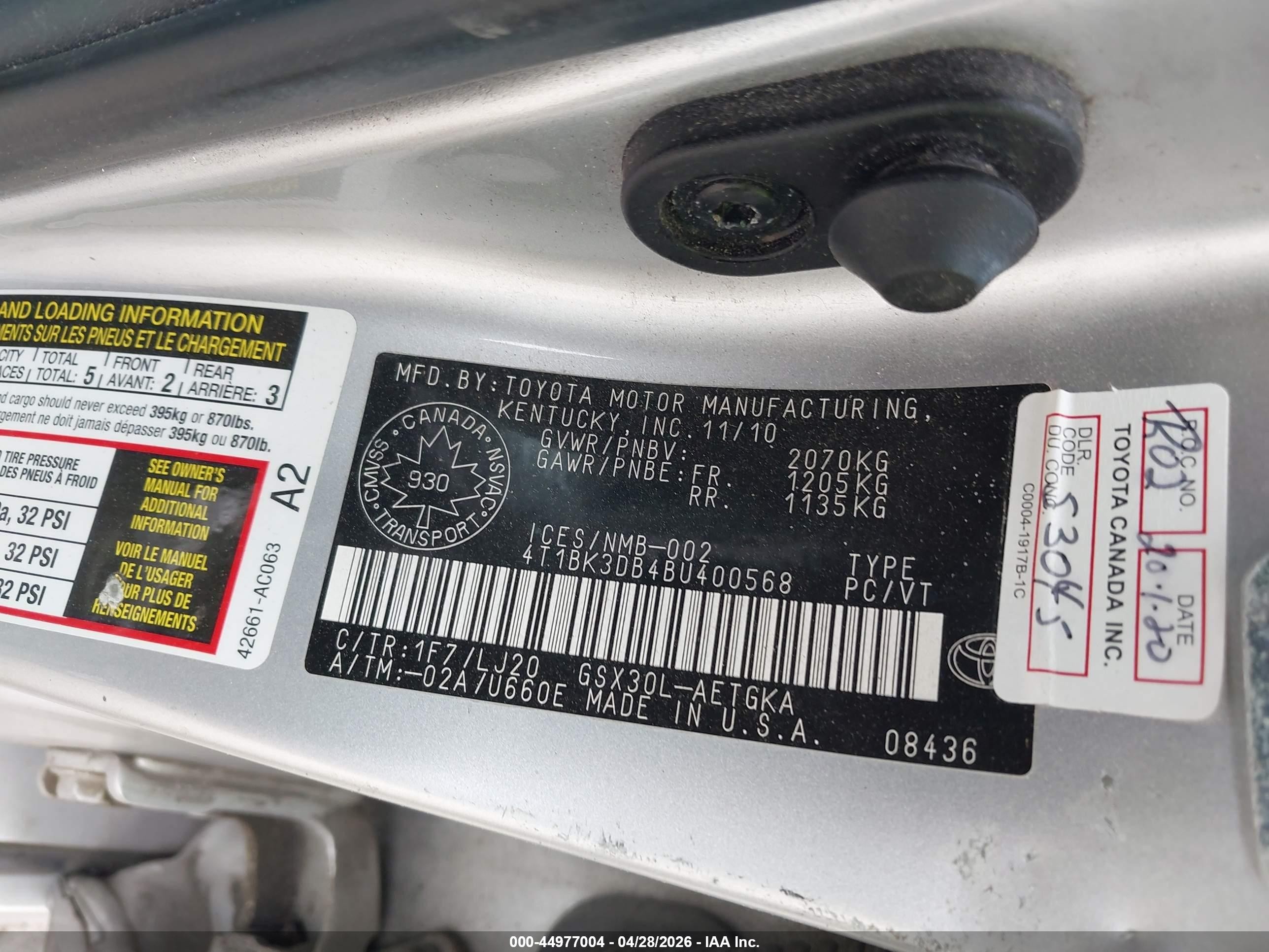 2011 Toyota Avalon Xls Silver vin: 4T1BK3DB4BU400568