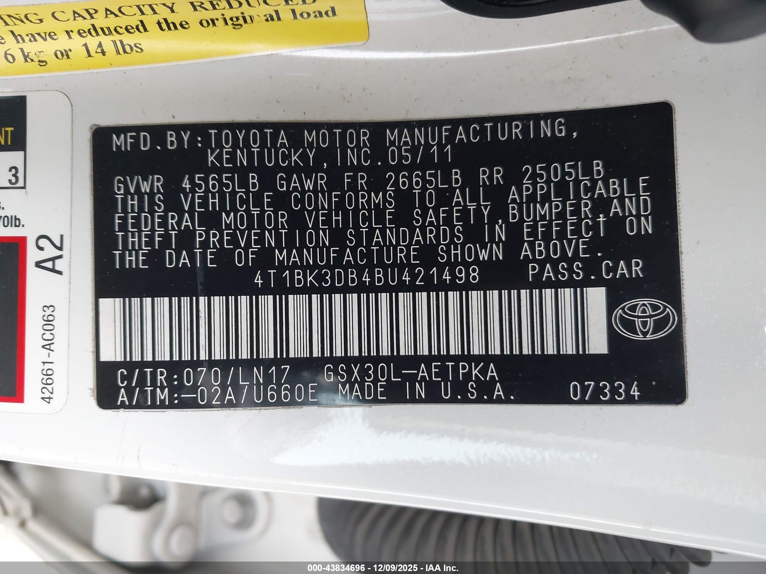 2011 Toyota Avalon Limited White vin: 4T1BK3DB4BU421498