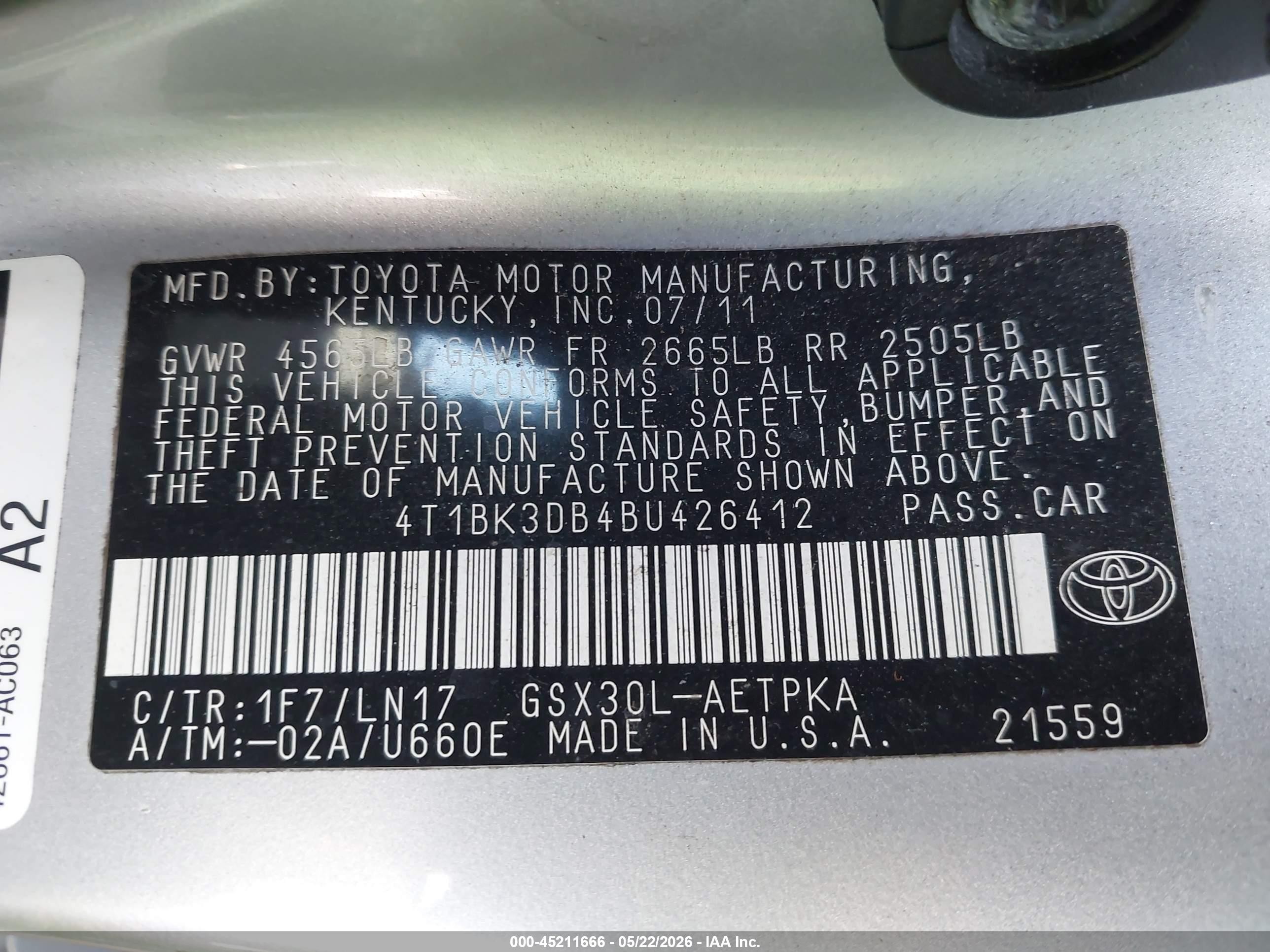 2011 Toyota Avalon Limited Silver vin: 4T1BK3DB4BU426412