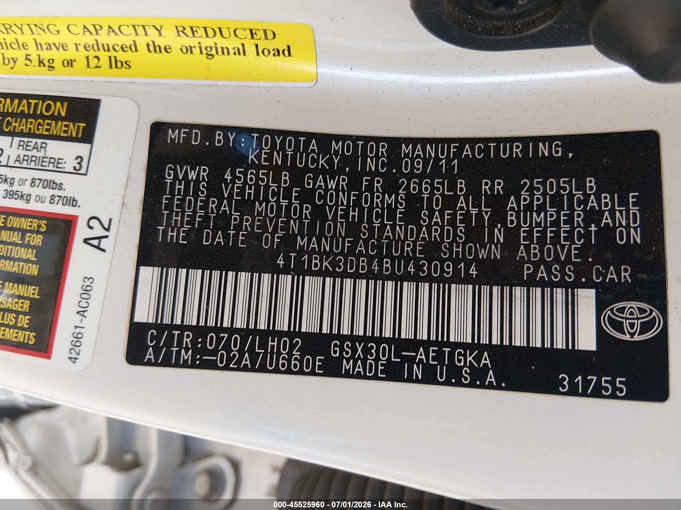 2011 Toyota Avalon   White vin: 4T1BK3DB4BU430914