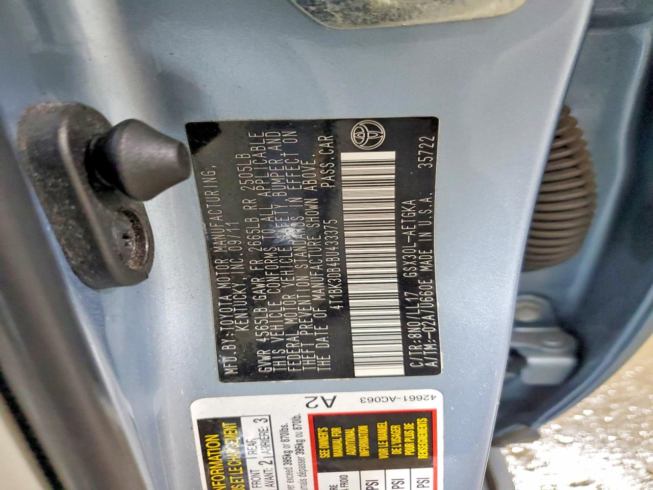 2011 Toyota Avalon Base Blue vin: 4T1BK3DB4BU433375