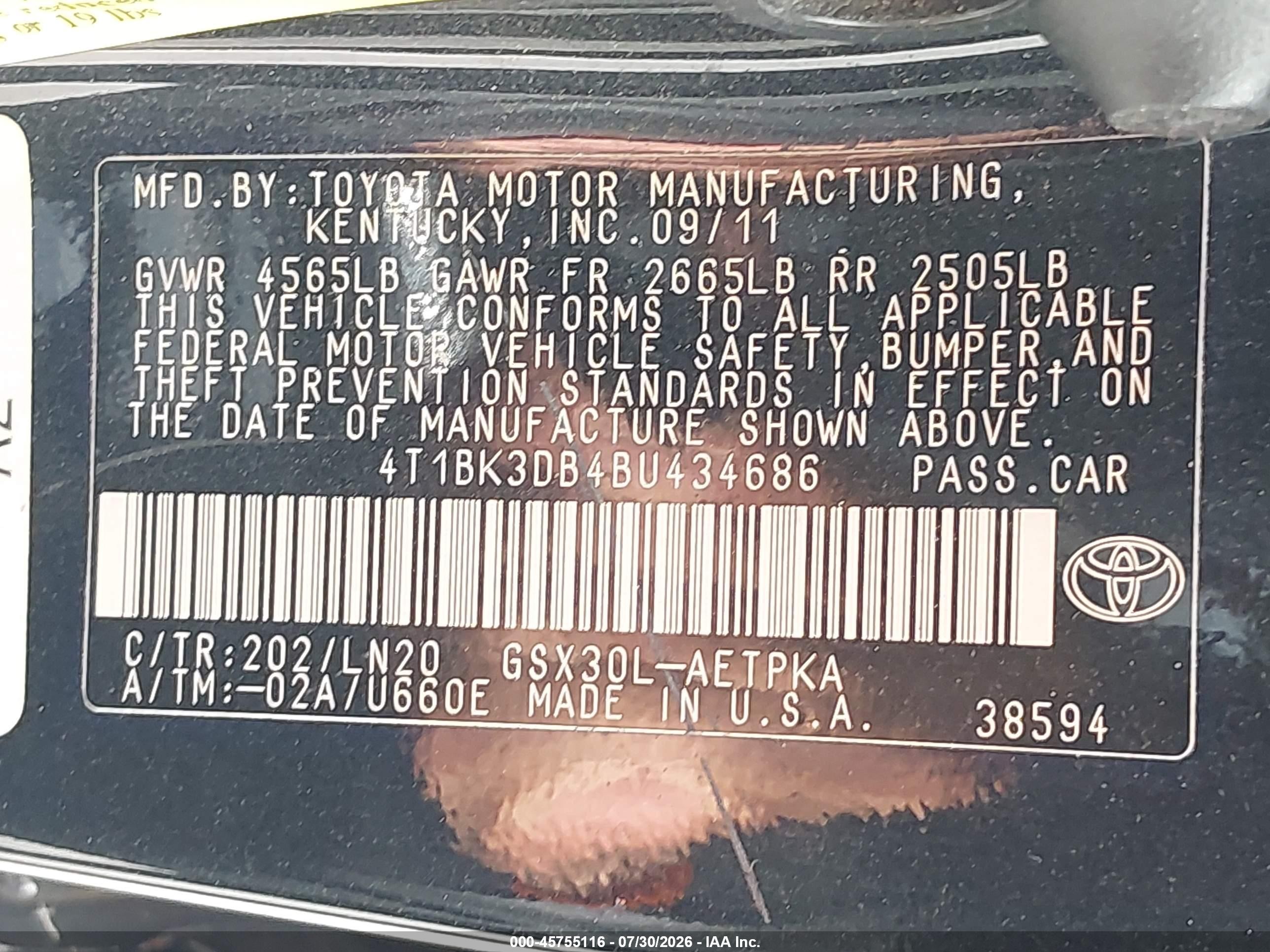 2011 Toyota Avalon Limited Black vin: 4T1BK3DB4BU434686