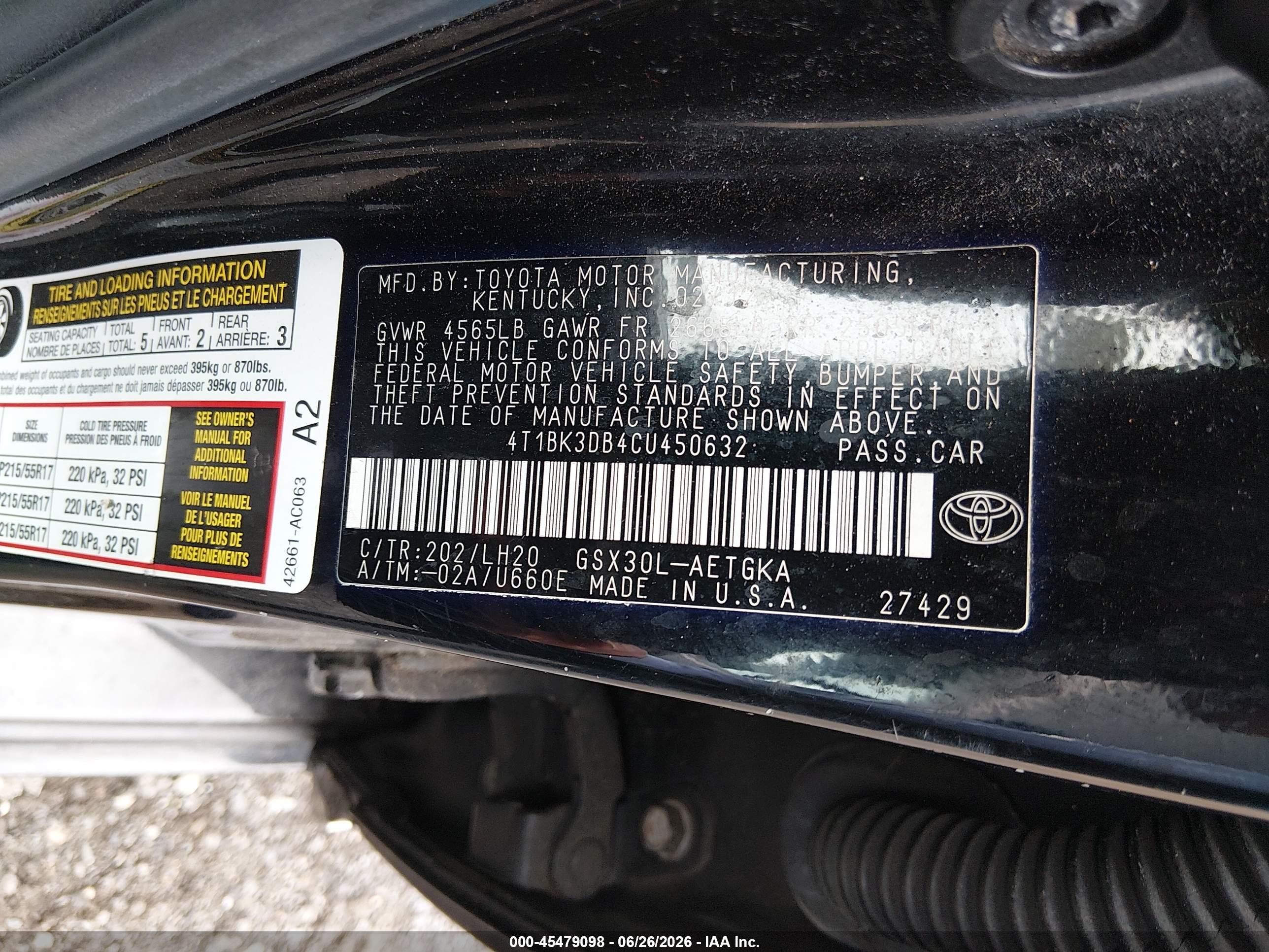 2012 Toyota Avalon   Black vin: 4T1BK3DB4CU450632