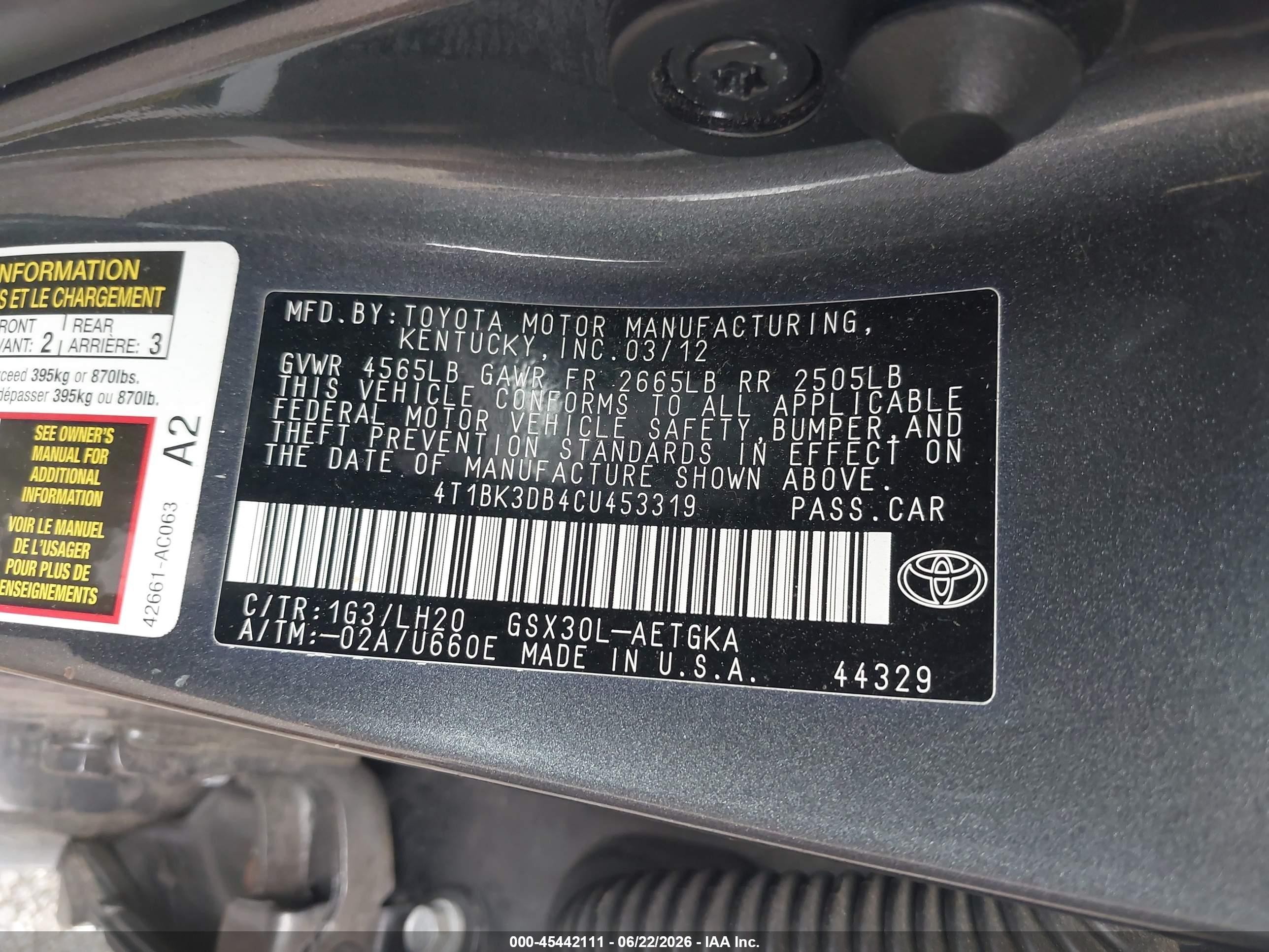 2012 Toyota Avalon   Gray vin: 4T1BK3DB4CU453319