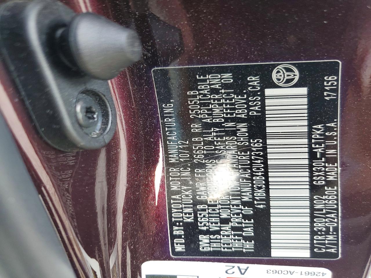 2012 Toyota Avalon Limited Maroon vin: 4T1BK3DB4CU473165