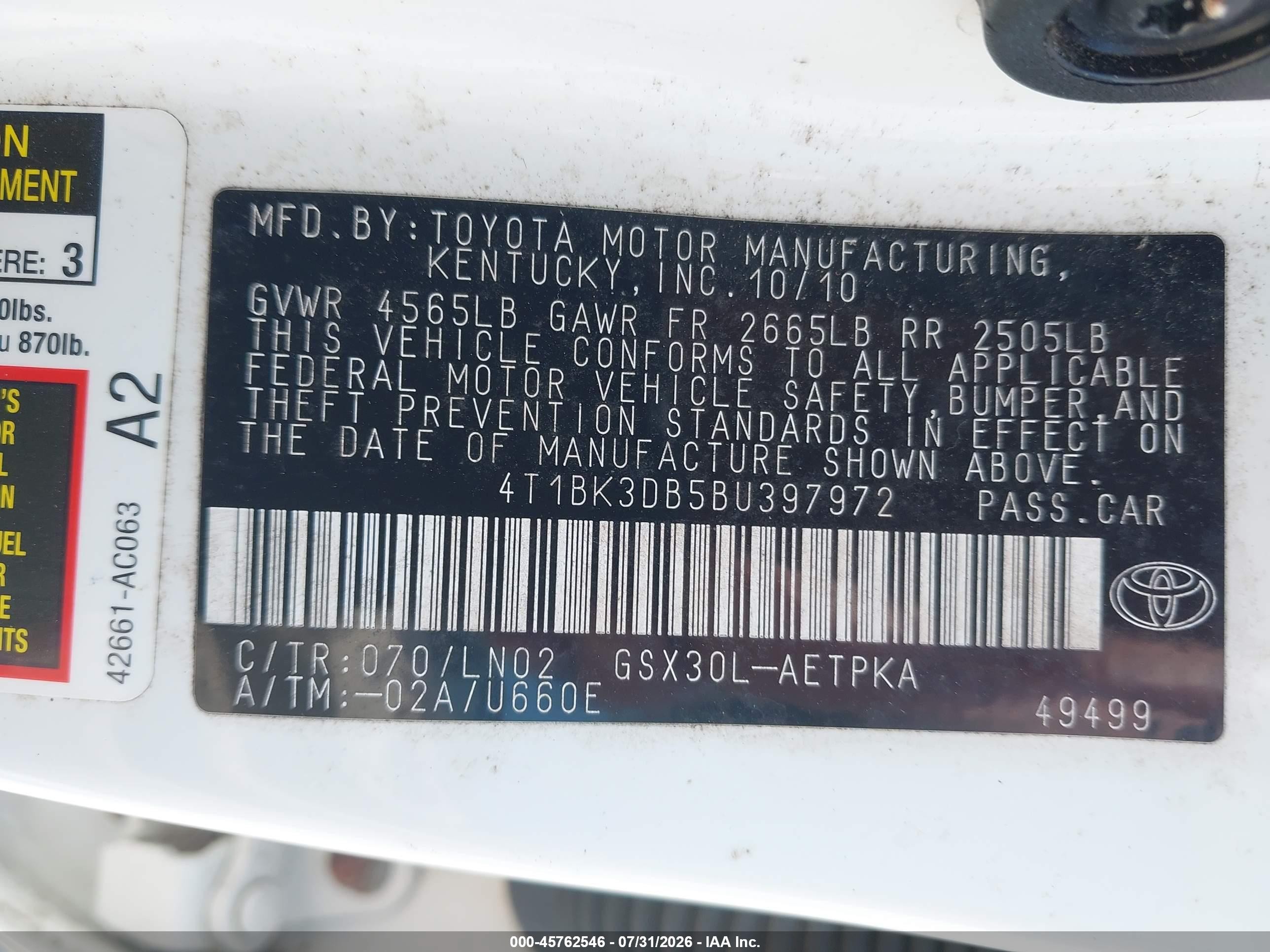 2011 Toyota Avalon Limited Белый vin: 4T1BK3DB5BU397972