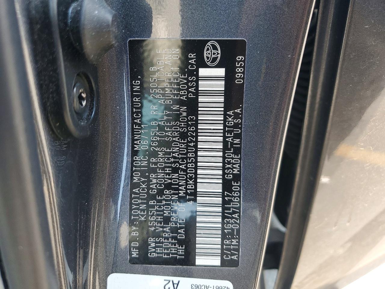 2011 Toyota Avalon Base Gray vin: 4T1BK3DB5BU422613