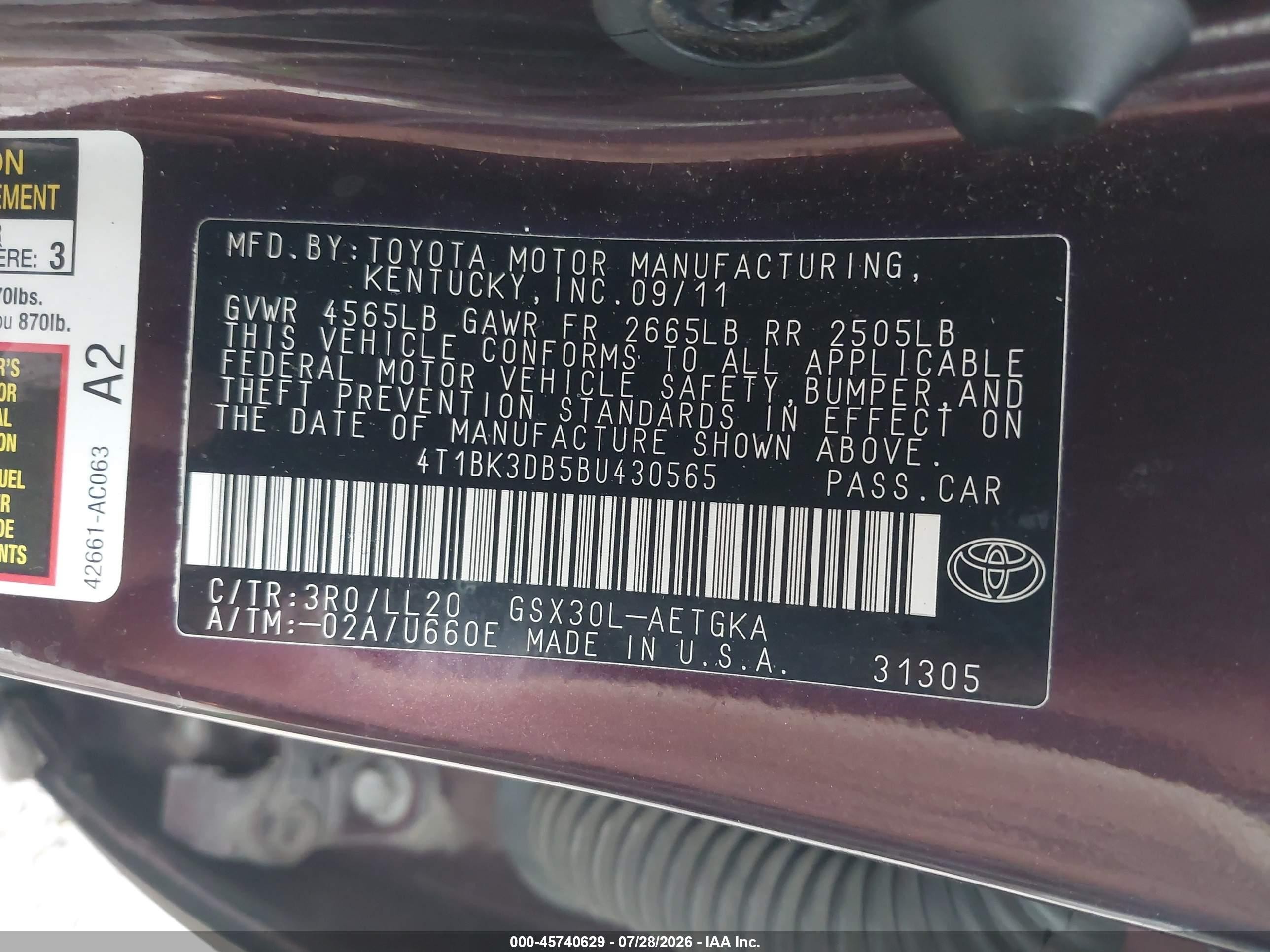 2011 Toyota Avalon   Maroon vin: 4T1BK3DB5BU430565