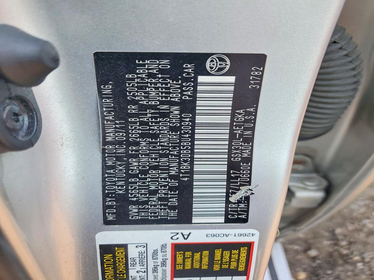 2011 Toyota Avalon Base Silver vin: 4T1BK3DB5BU430940