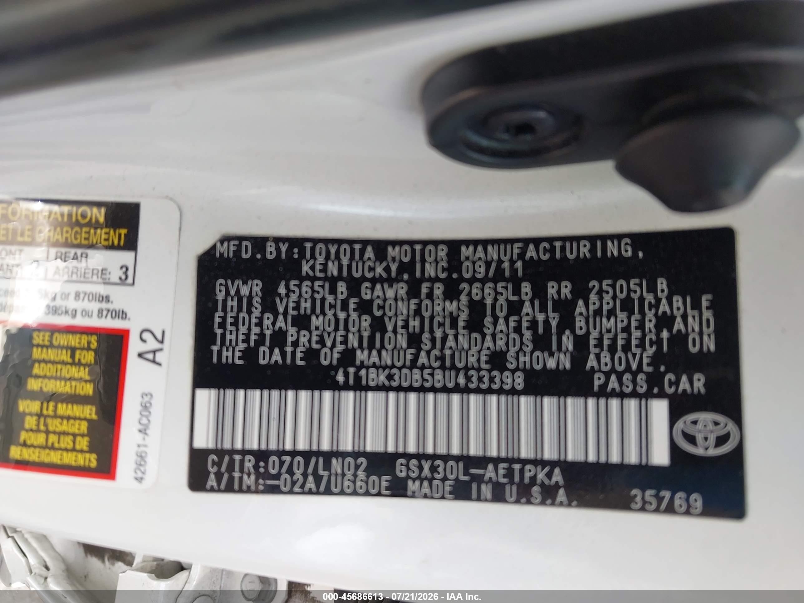 2011 Toyota Avalon Limited White vin: 4T1BK3DB5BU433398