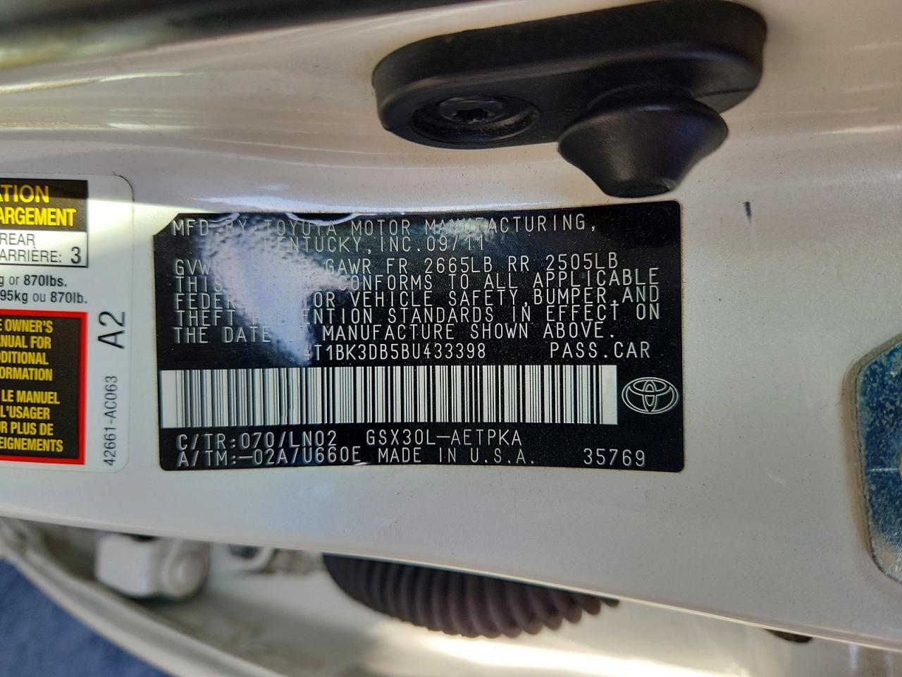 2011 Toyota Avalon Limited White vin: 4T1BK3DB5BU433398