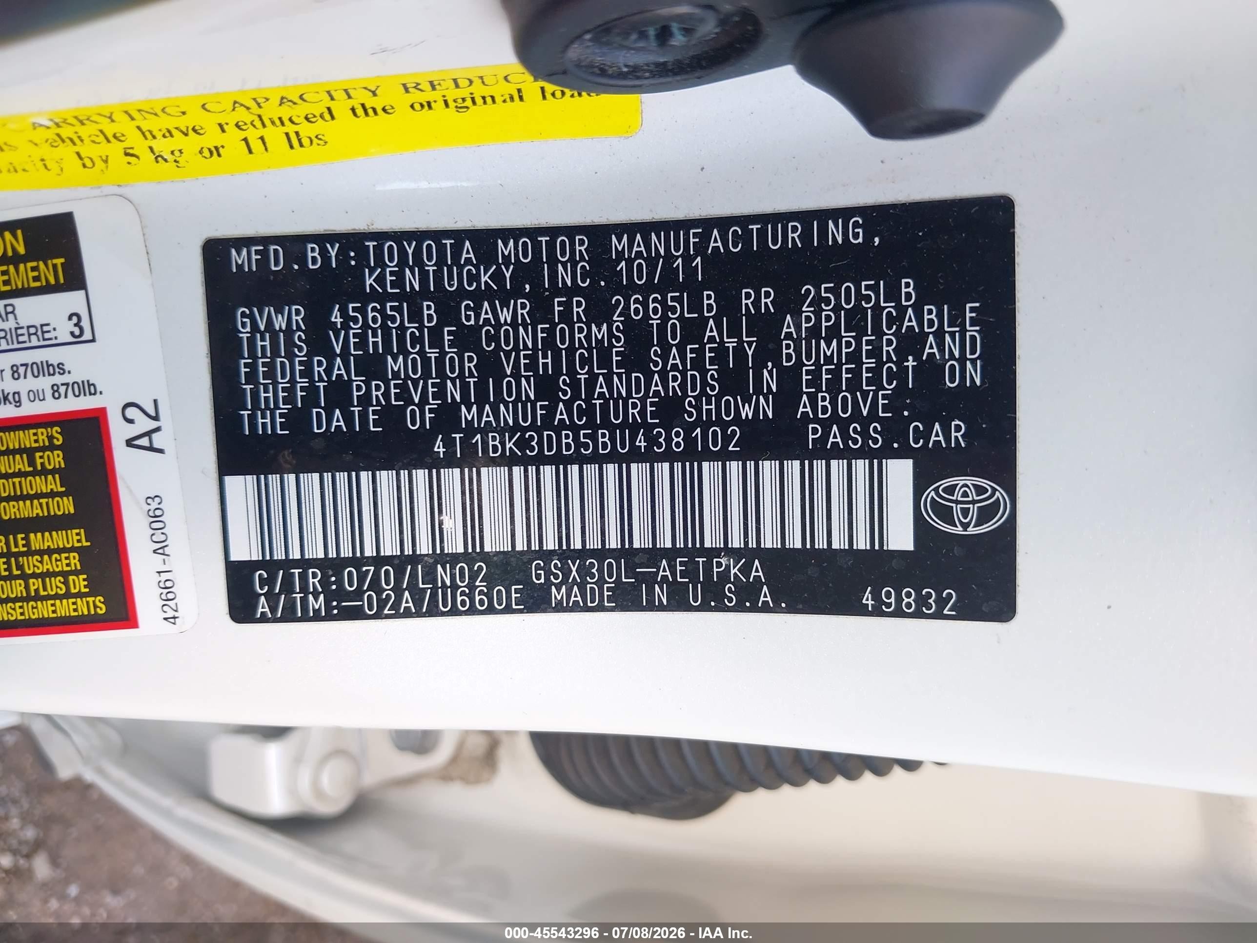 2011 Toyota Avalon Limited White vin: 4T1BK3DB5BU438102