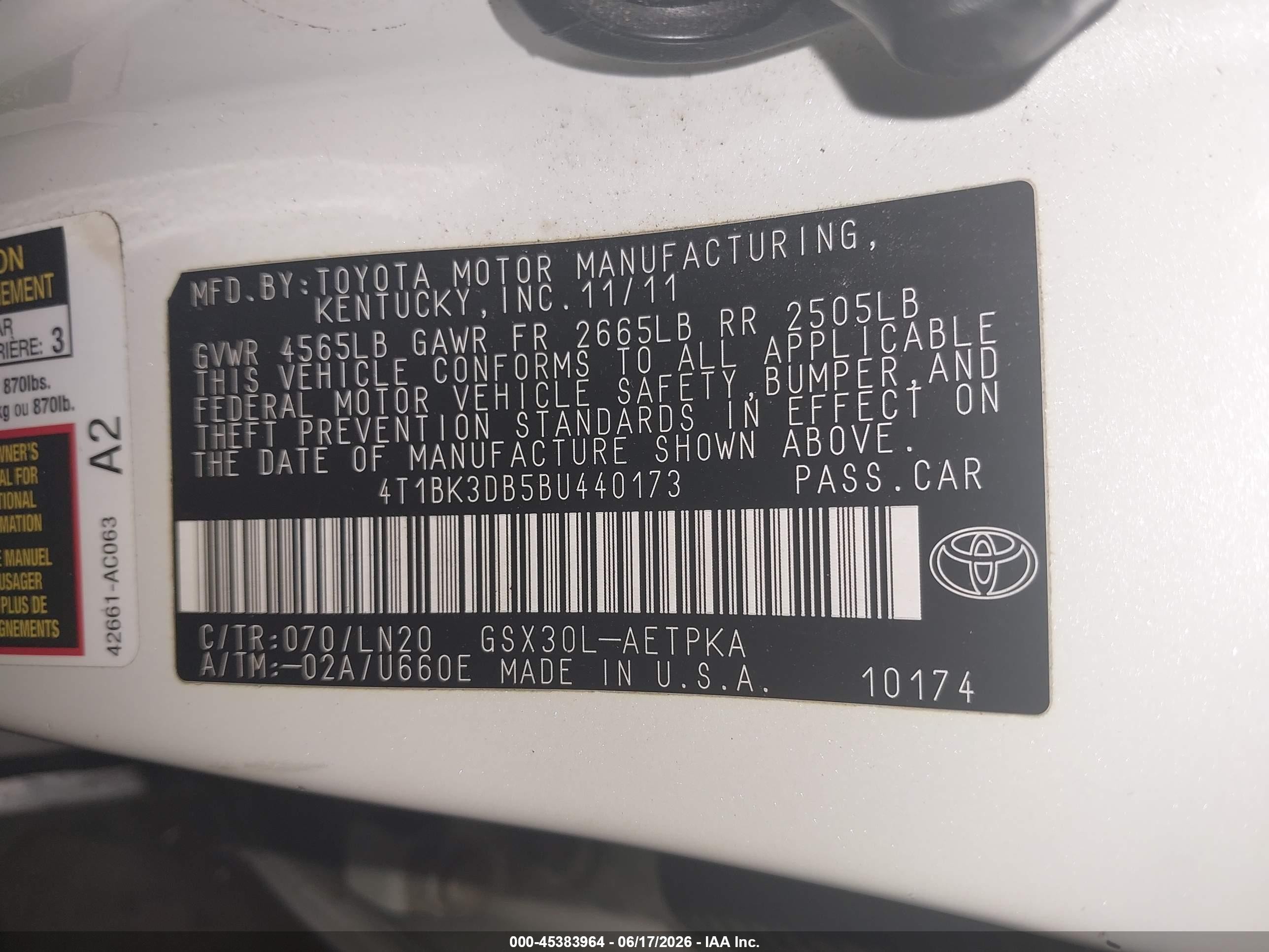2011 Toyota Avalon Limited White vin: 4T1BK3DB5BU440173