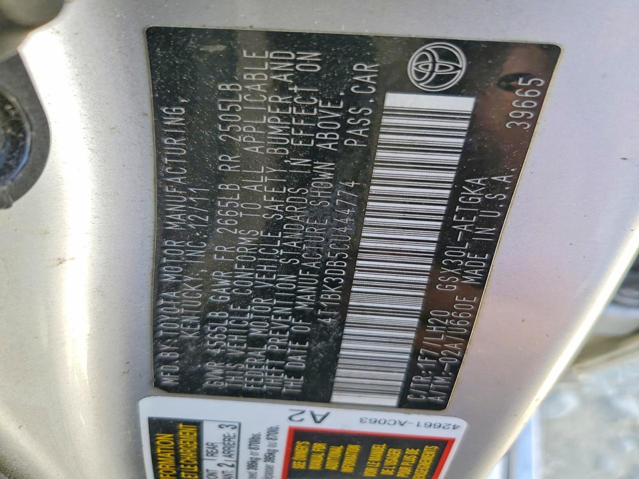 2012 Toyota Avalon Base Silver vin: 4T1BK3DB5CU444774