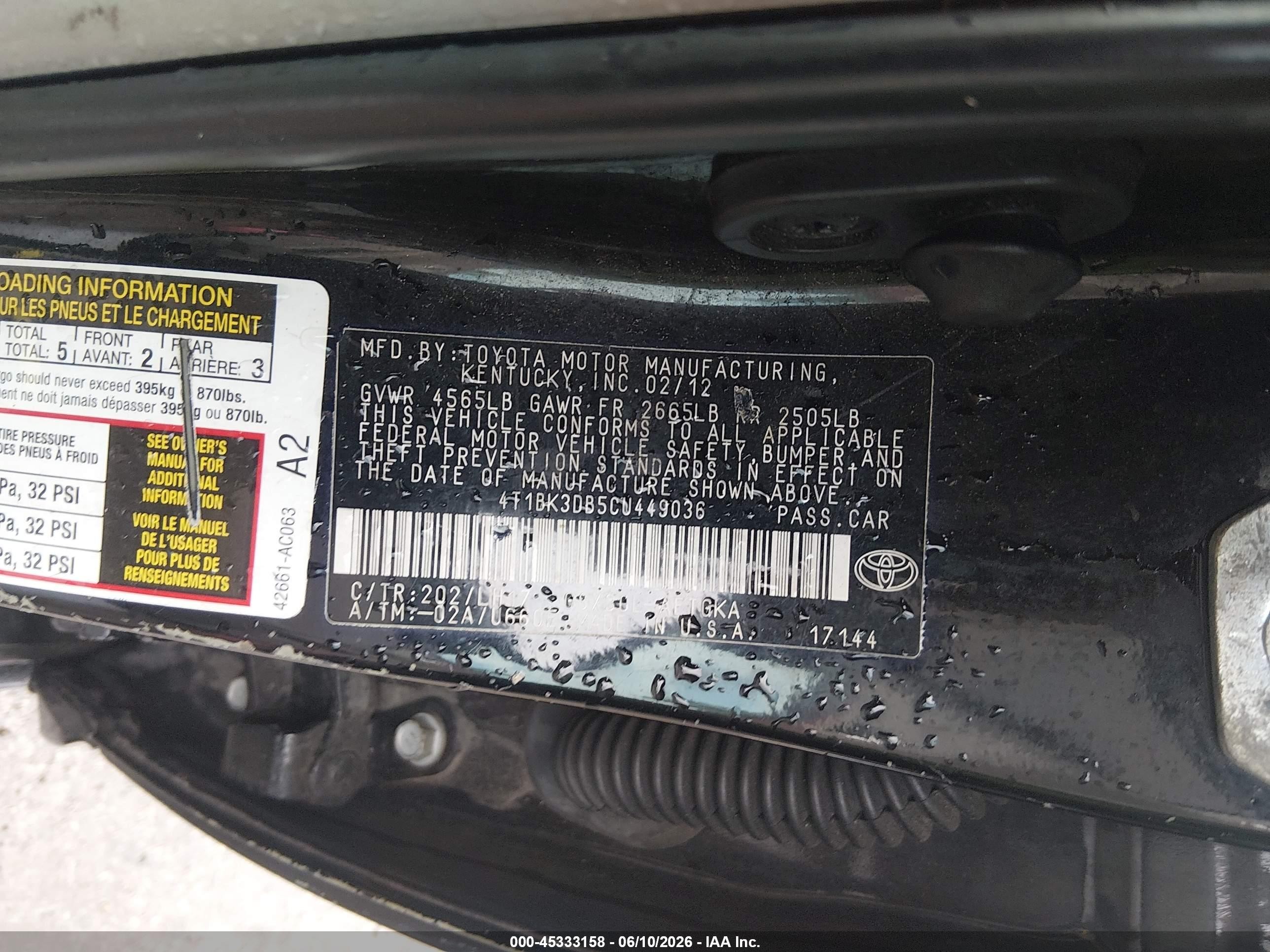 2012 Toyota Avalon   Black vin: 4T1BK3DB5CU449036