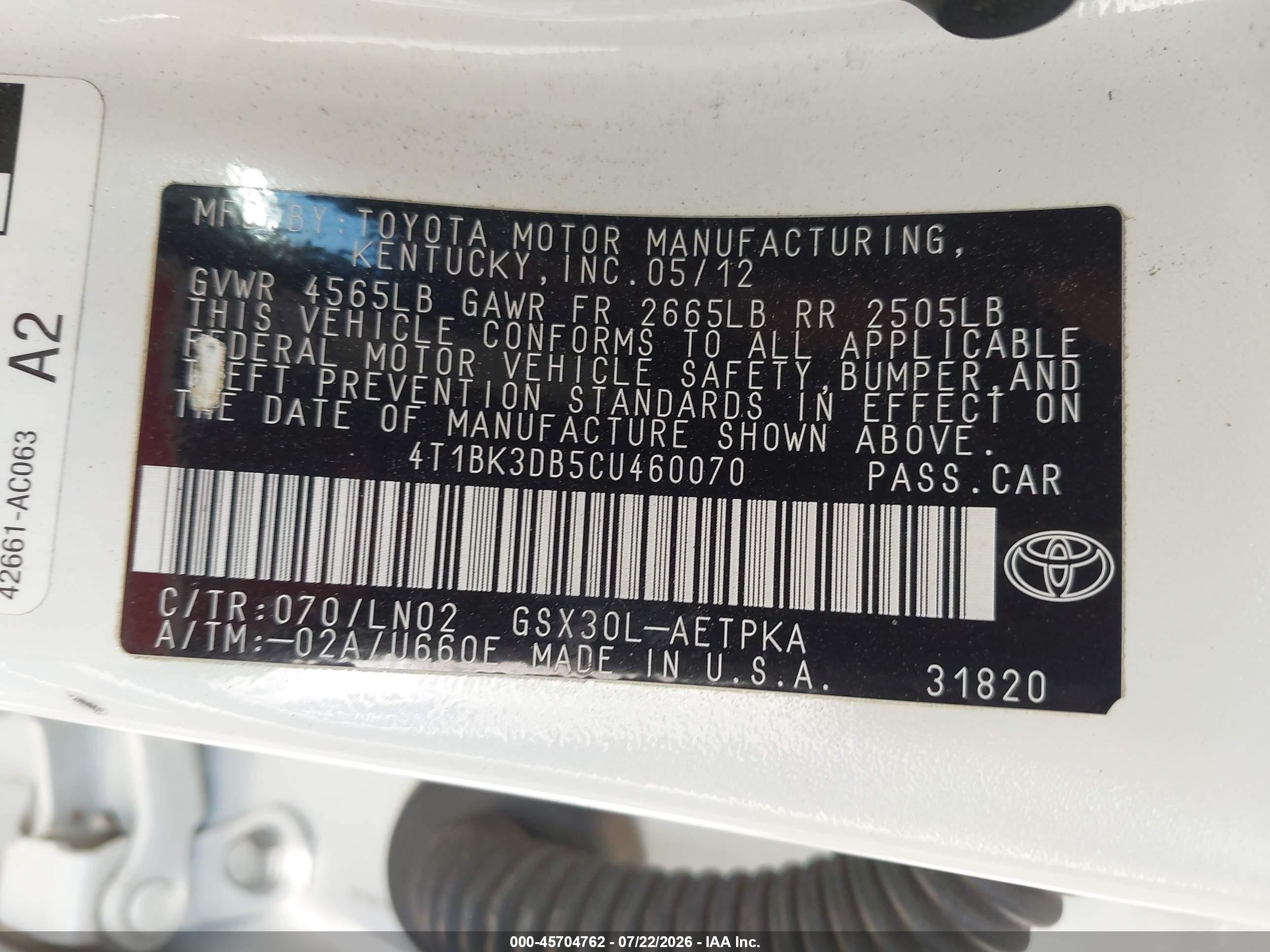 2012 Toyota Avalon Limited White vin: 4T1BK3DB5CU460070