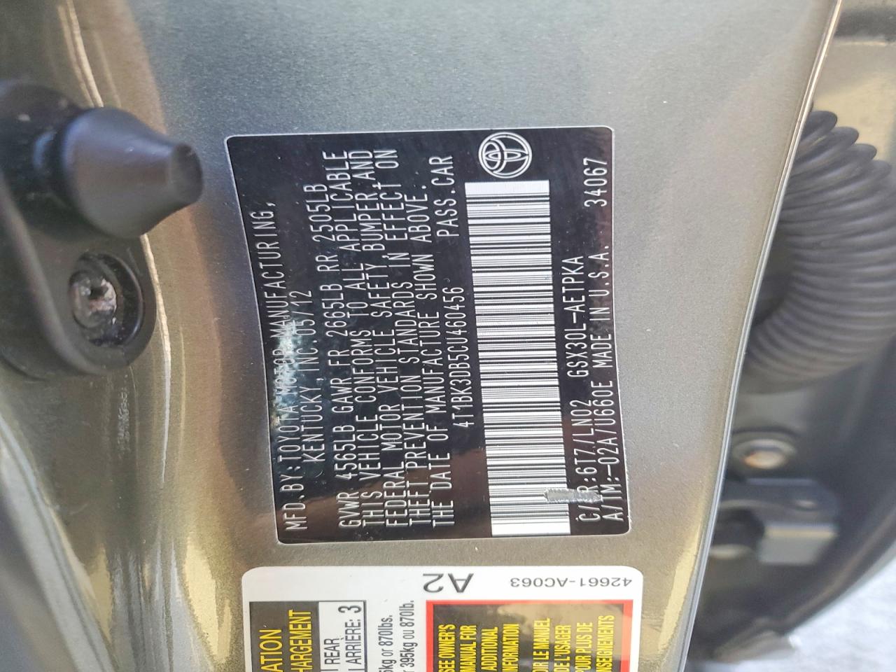 2012 Toyota Avalon Limited Gray vin: 4T1BK3DB5CU460456