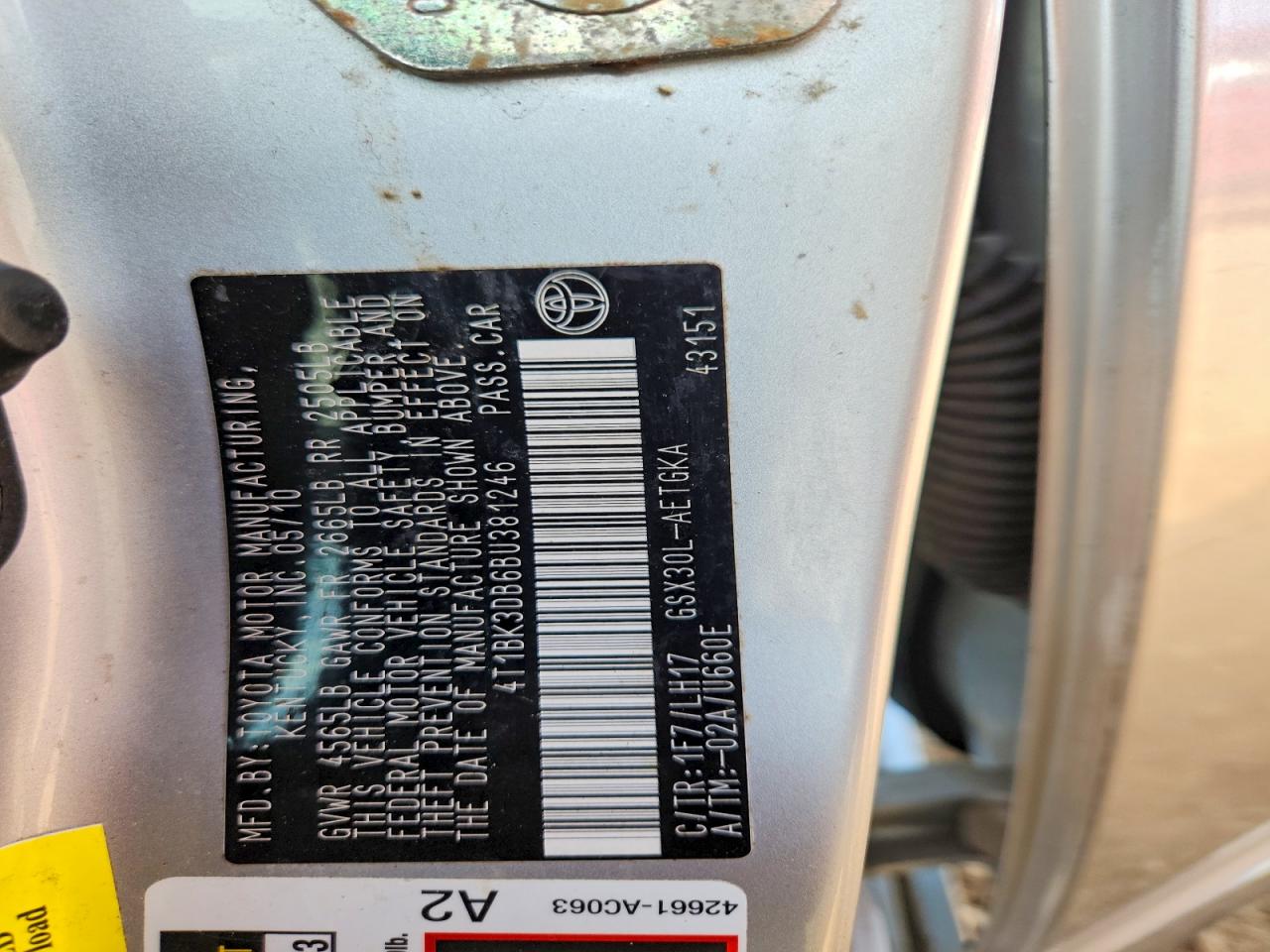2011 Toyota Avalon Base Silver vin: 4T1BK3DB6BU381246