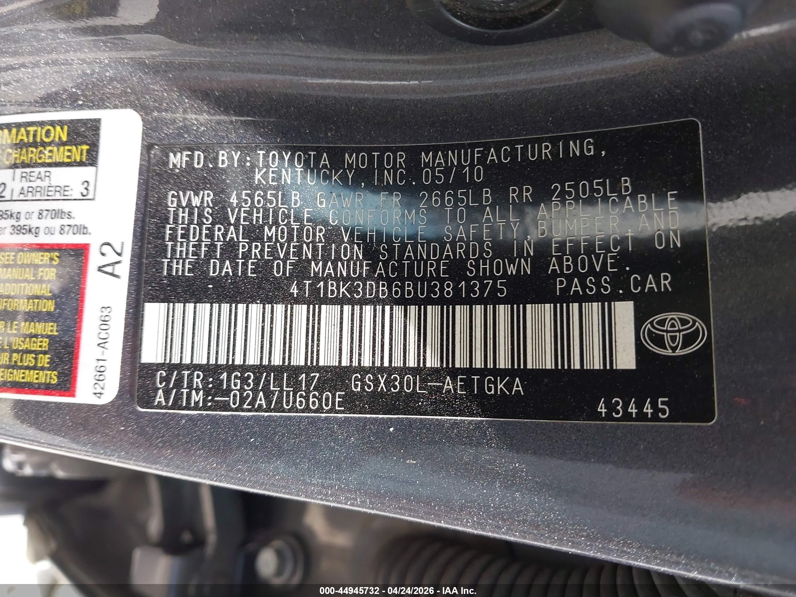 2011 Toyota Avalon   Черный vin: 4T1BK3DB6BU381375