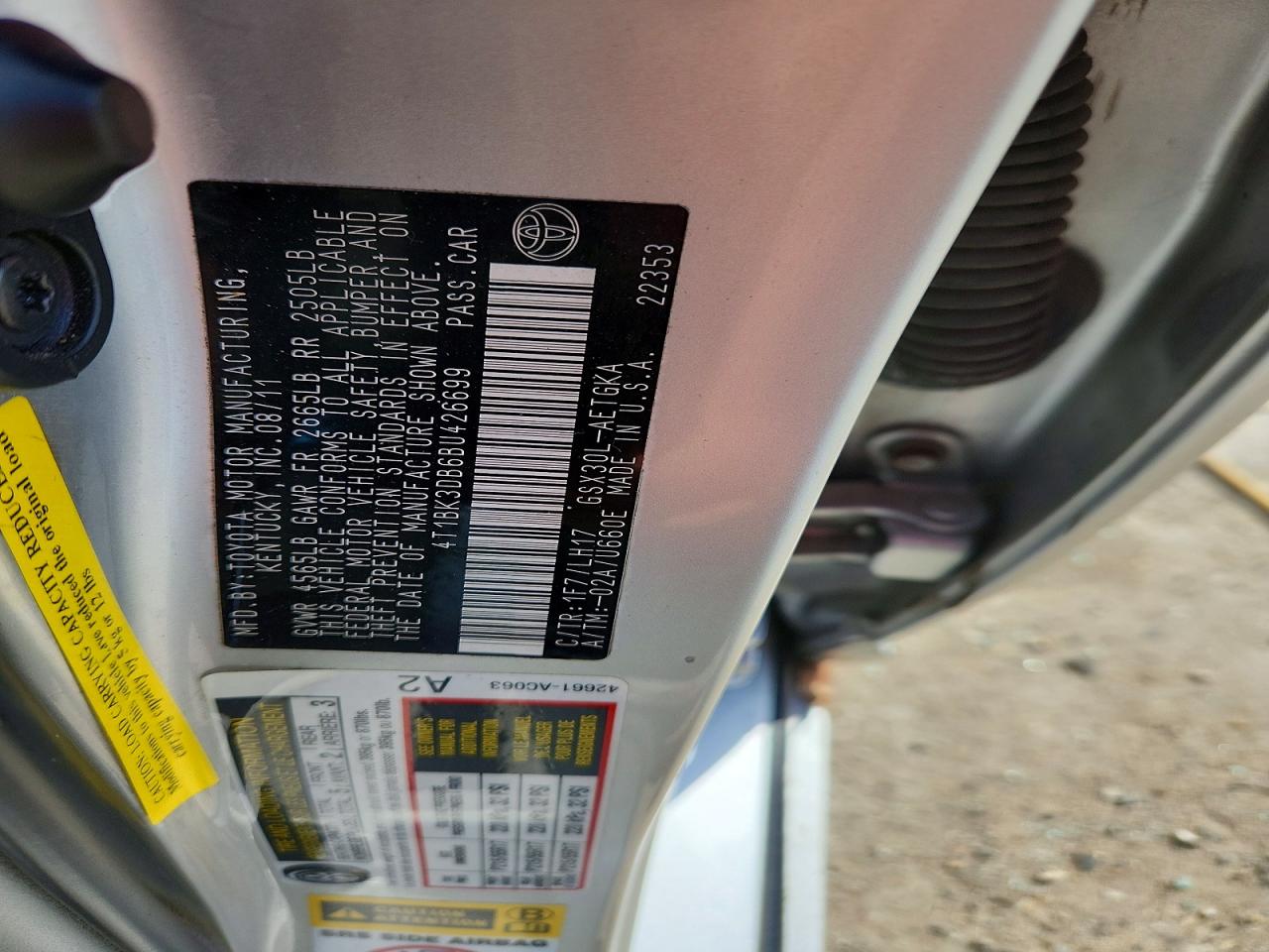 2011 Toyota Avalon Base Silver vin: 4T1BK3DB6BU426699