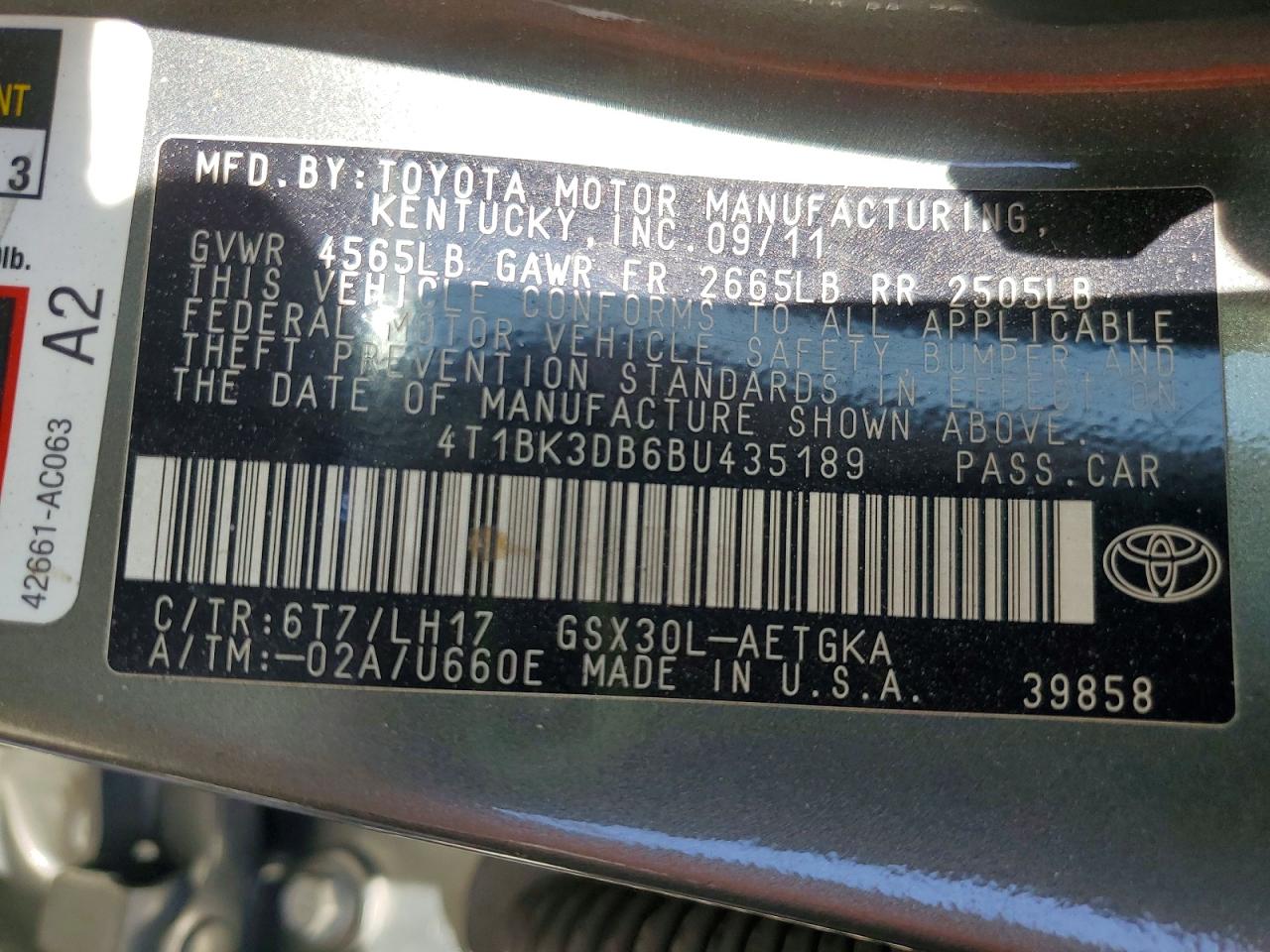2011 Toyota Avalon Base Green vin: 4T1BK3DB6BU435189