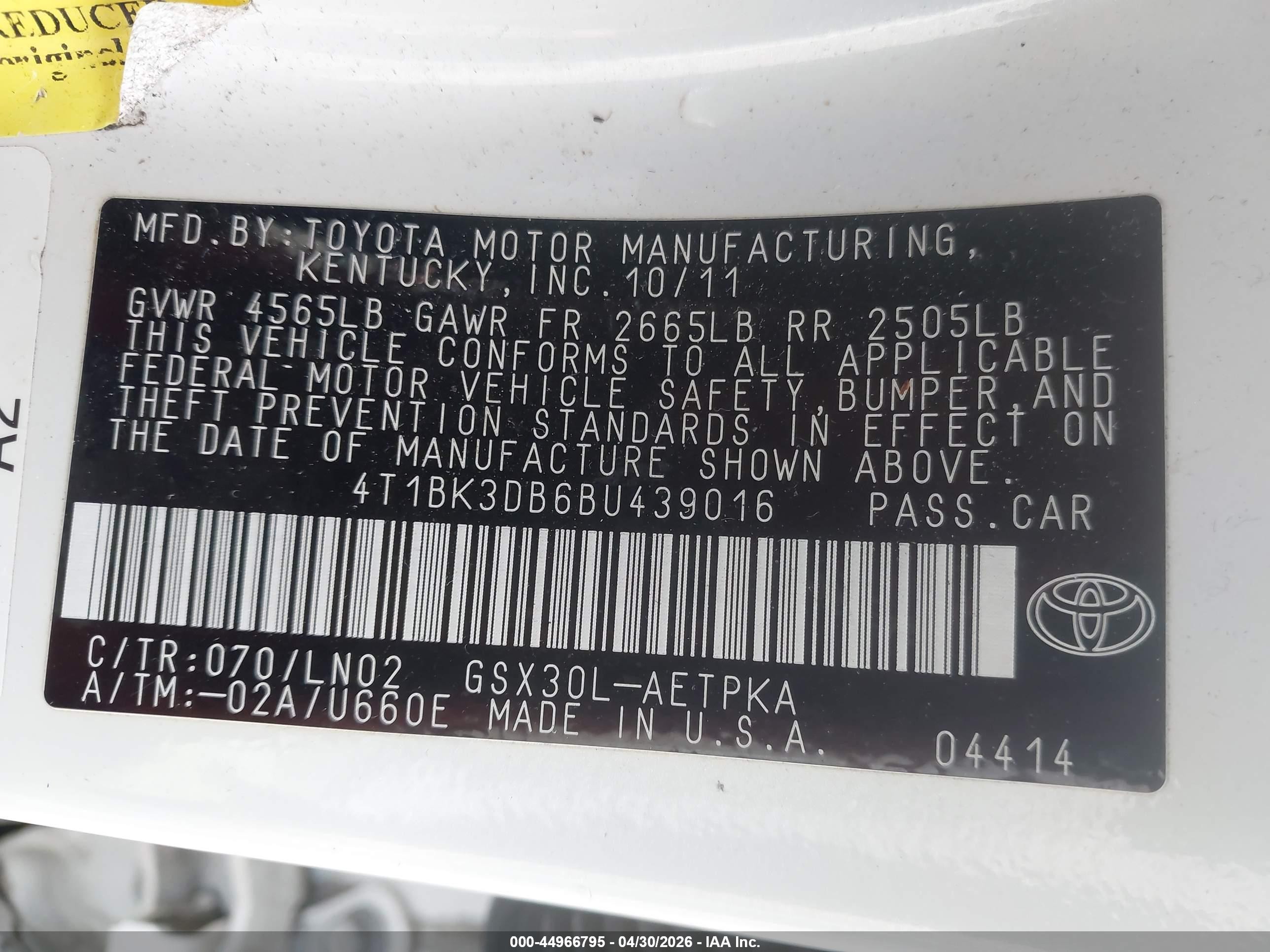 2011 Toyota Avalon Limited White vin: 4T1BK3DB6BU439016