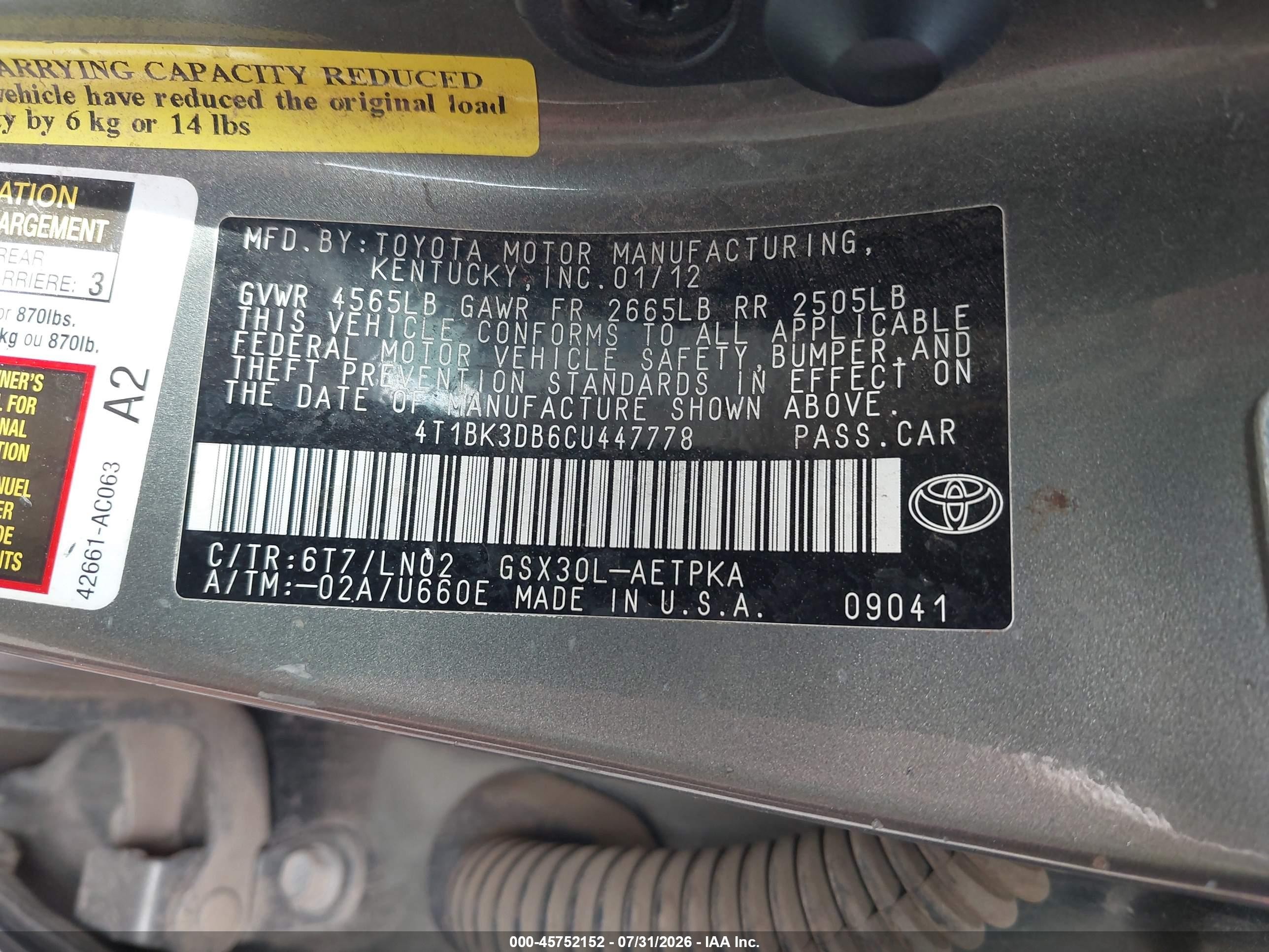 2012 Toyota Avalon Limited Gray vin: 4T1BK3DB6CU447778